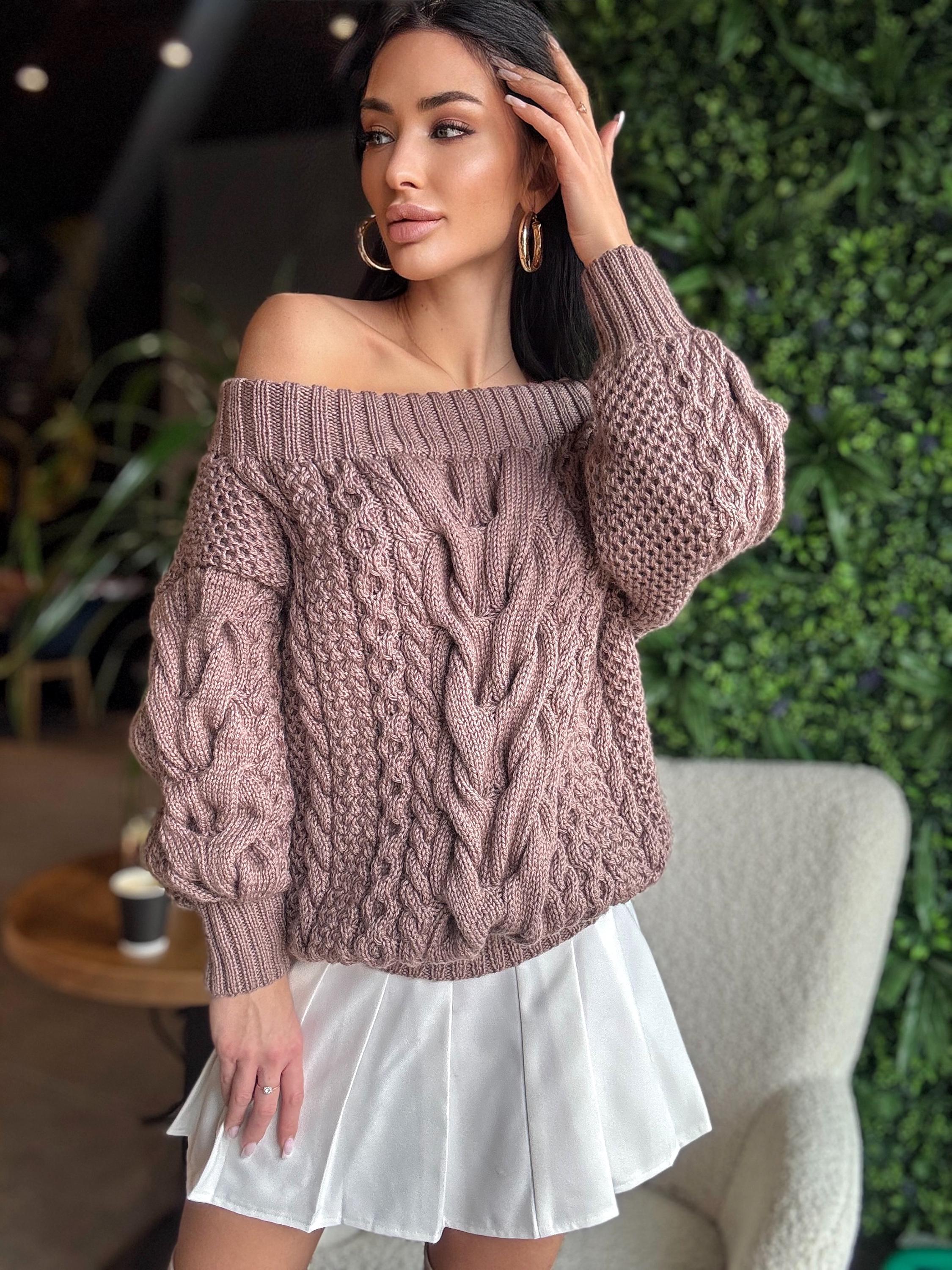 Aran pastel dark beige brawn hand knit merino wool off shoulders sweater Handmade oversize Cable knit Jumper Chunky knit cappuccino Sweater