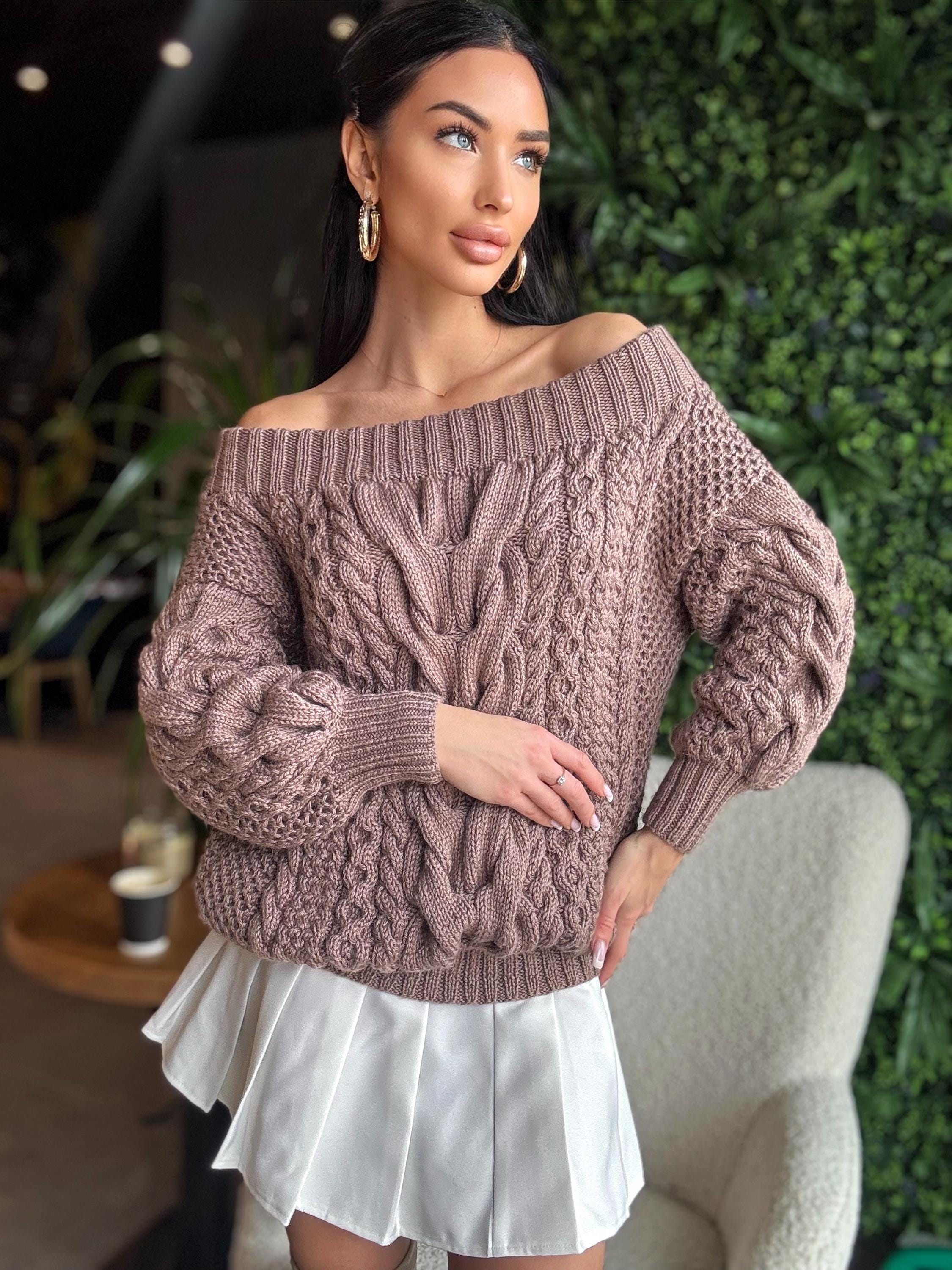 Aran pastel dark beige brawn hand knit merino wool off shoulders sweater Handmade oversize Cable knit Jumper Chunky knit cappuccino Sweater