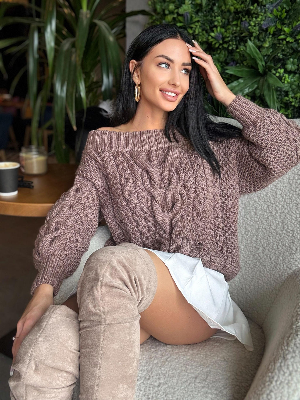 Aran pastel dark beige brawn hand knit merino wool off shoulders sweater Handmade oversize Cable knit Jumper Chunky knit cappuccino Sweater