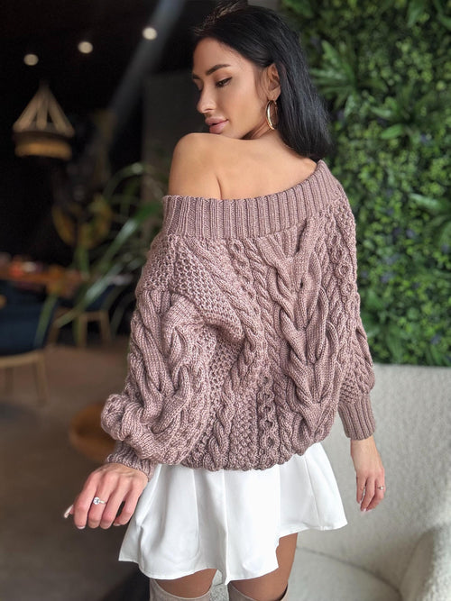 Aran pastel dark beige brawn hand knit merino wool off shoulders sweater Handmade oversize Cable knit Jumper Chunky knit cappuccino Sweater