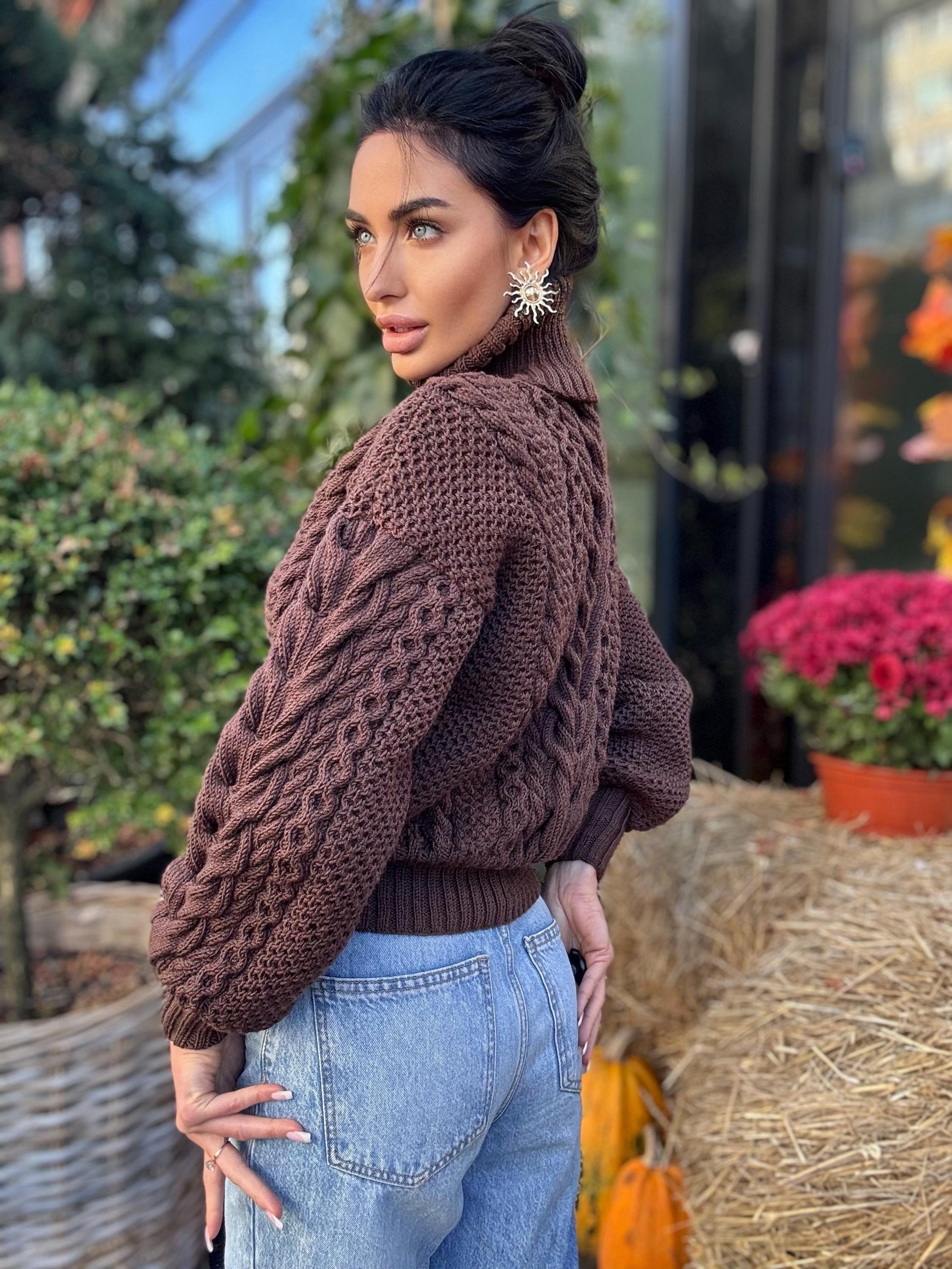 Cable knit Chocolate 100% merino wool aran sweater high collar Chunky knit brown turtleneck Oversize cozy pullover Women cable knit sweater