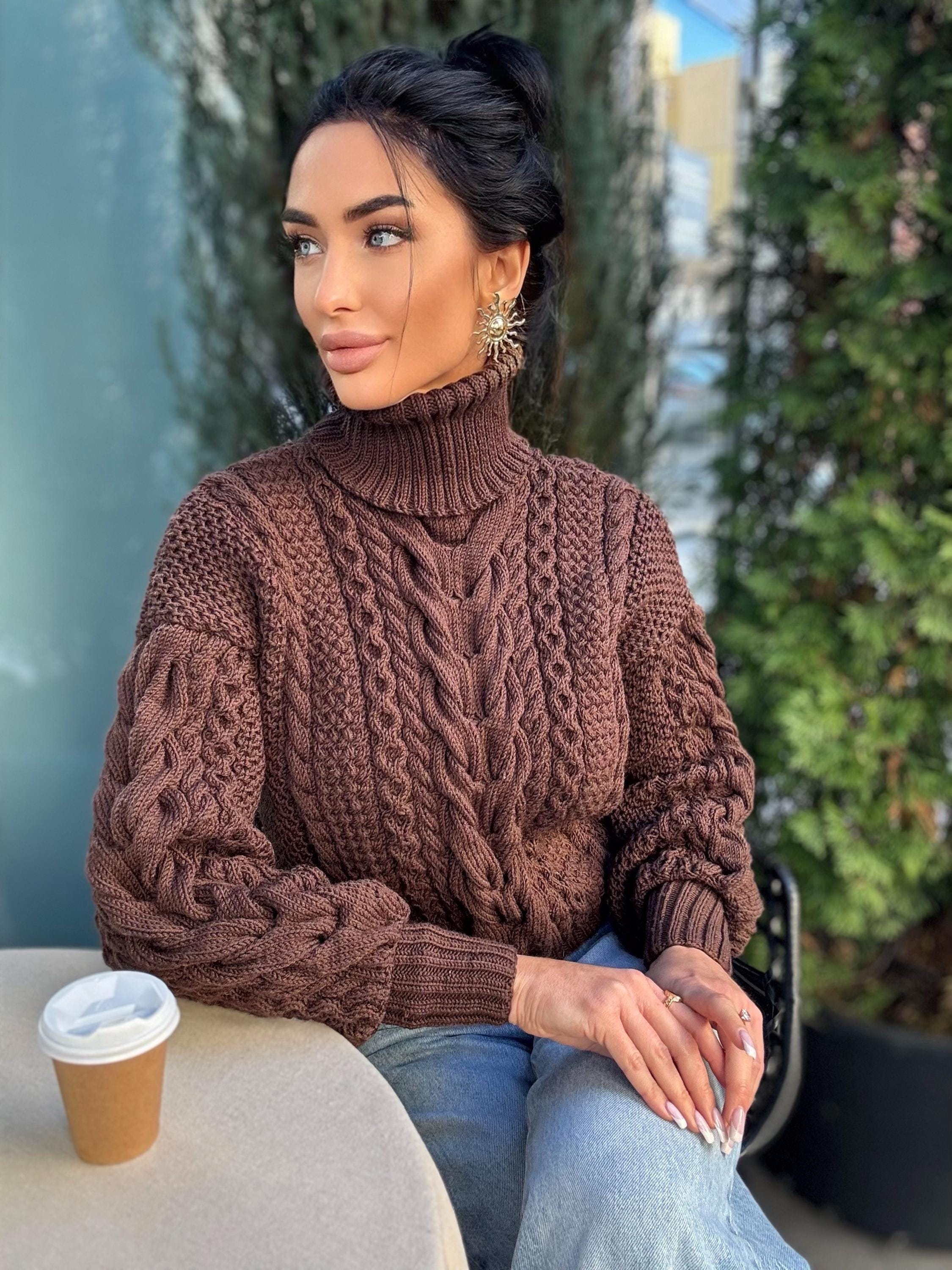 Cable knit Chocolate 100% merino wool aran sweater high collar Chunky knit brown turtleneck Oversize cozy pullover Women cable knit sweater