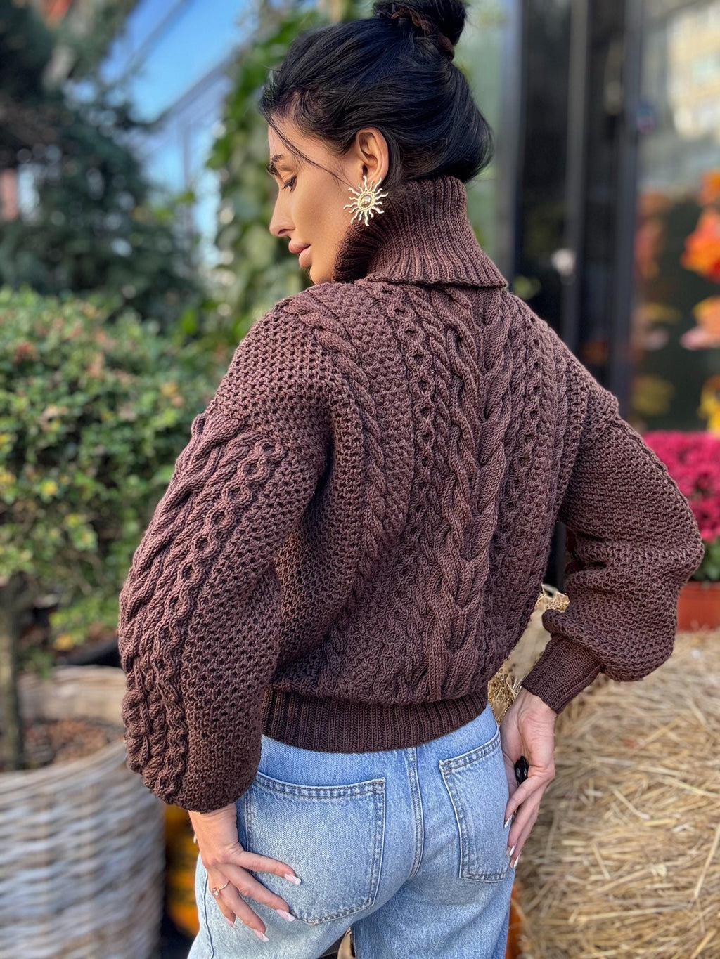 Cable knit Chocolate 100% merino wool aran sweater high collar Chunky knit brown turtleneck Oversize cozy pullover Women cable knit sweater