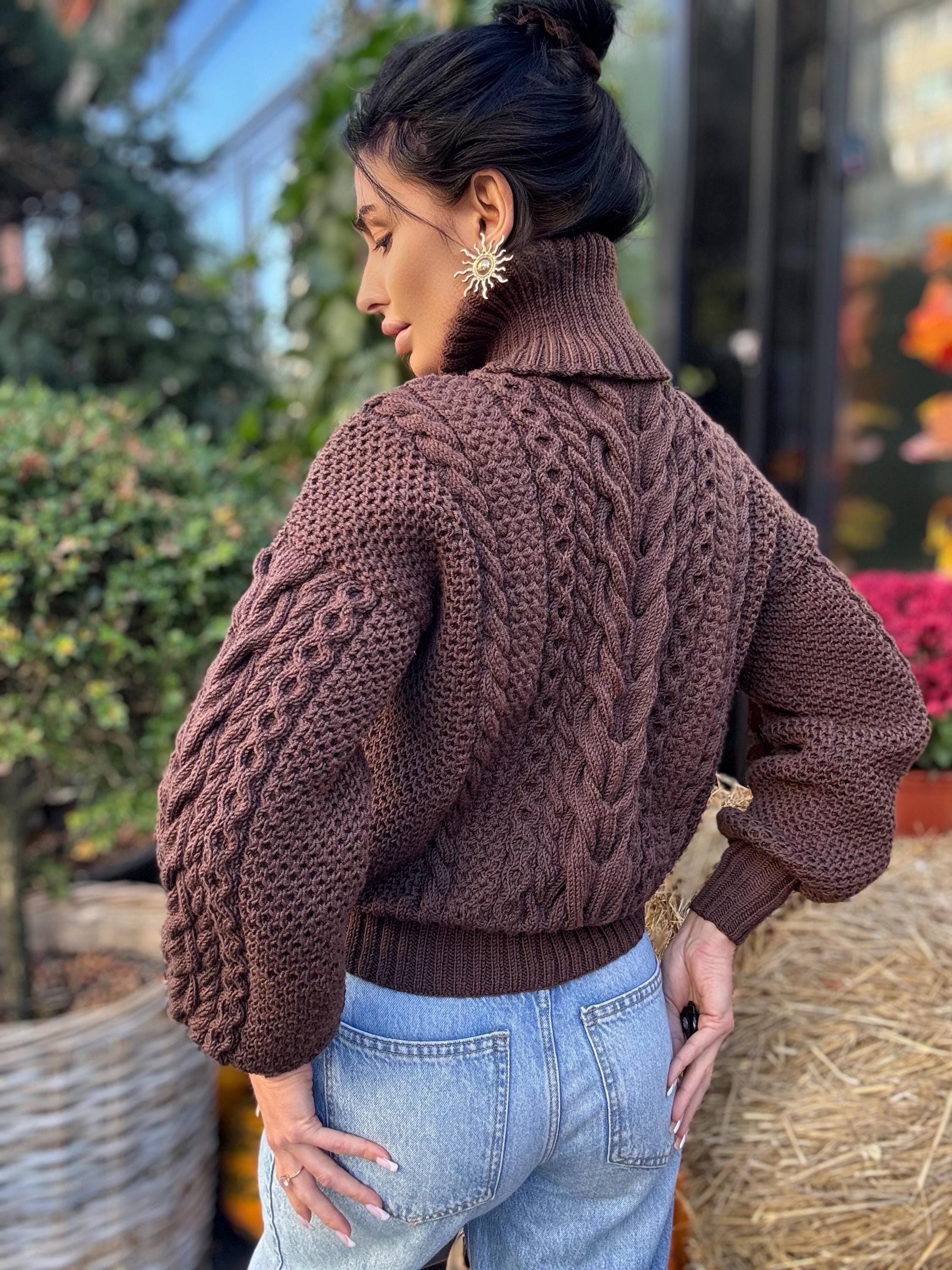 Cable knit Chocolate 100% merino wool aran sweater high collar Chunky knit brown turtleneck Oversize cozy pullover Women cable knit sweater