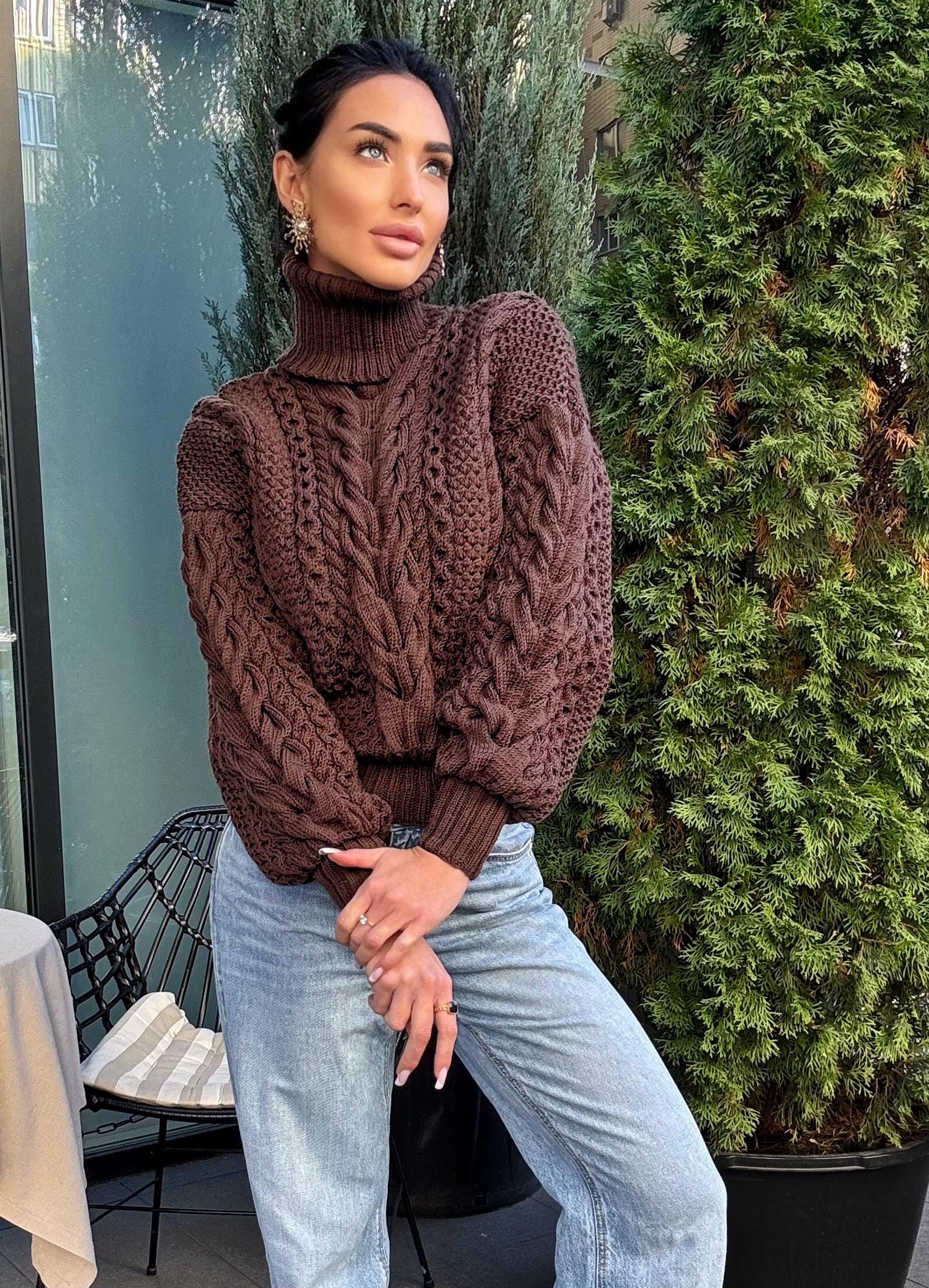 Cable knit Chocolate 100% merino wool aran sweater high collar Chunky knit brown turtleneck Oversize cozy pullover Women cable knit sweater