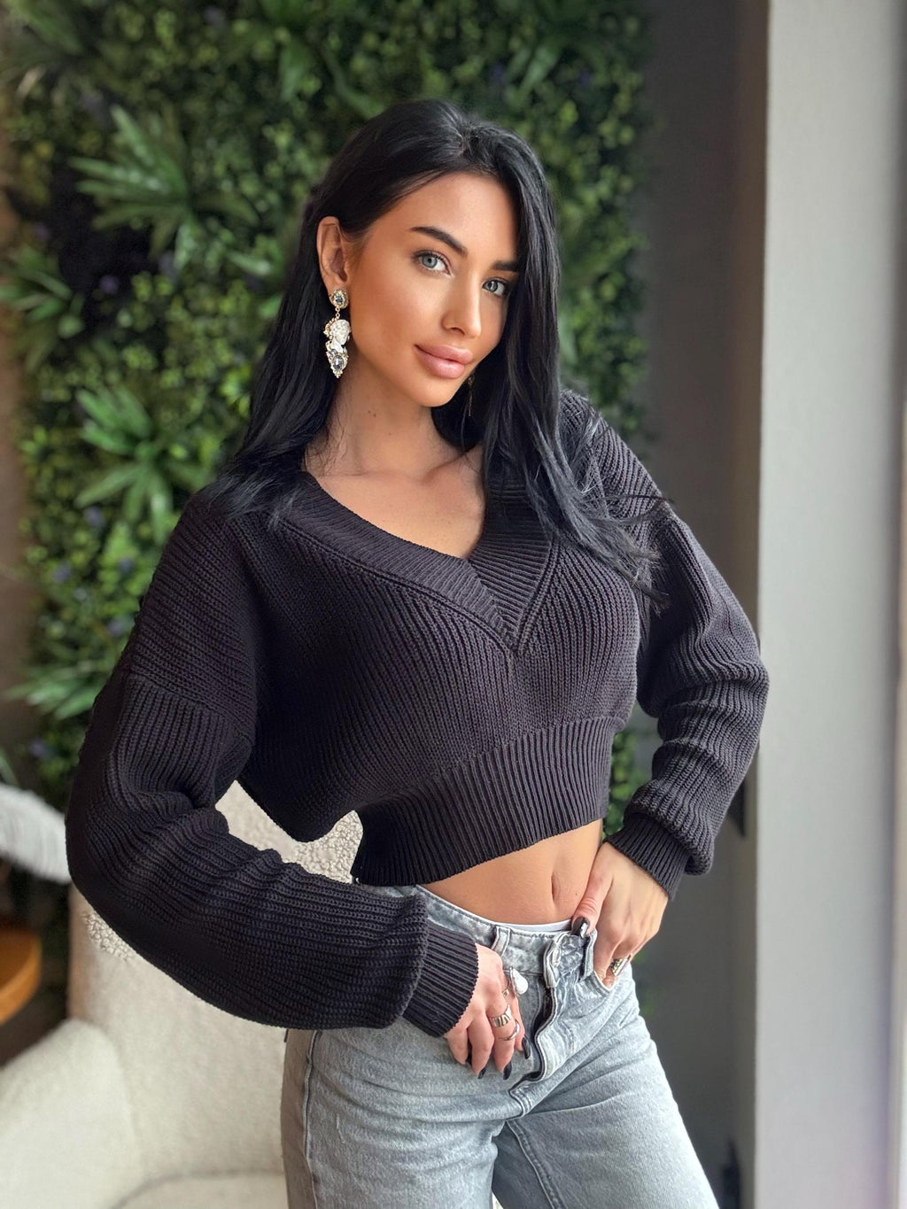 Organic cotton black sweater crop top Cable knit V collar cotton merino wool pullover women Chunky knit black fall oversize sweater V neck