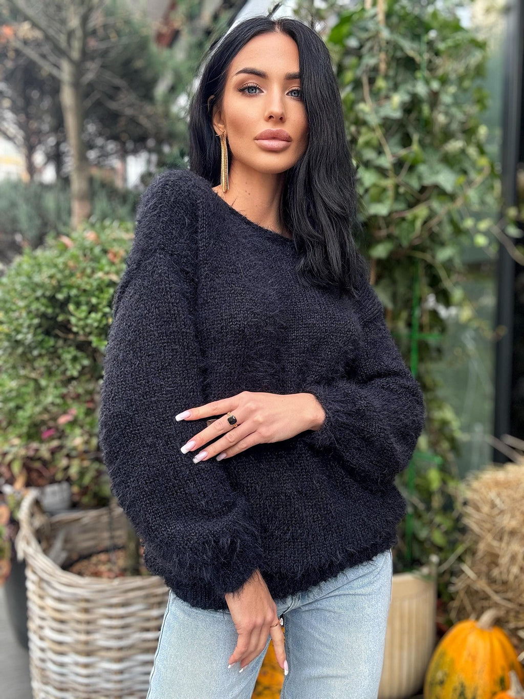 Soft hand knit merino wool black V collar sweater dress For sensitive skin pullover Fluffy body friendly Open back Deep V-neckline Loose fit