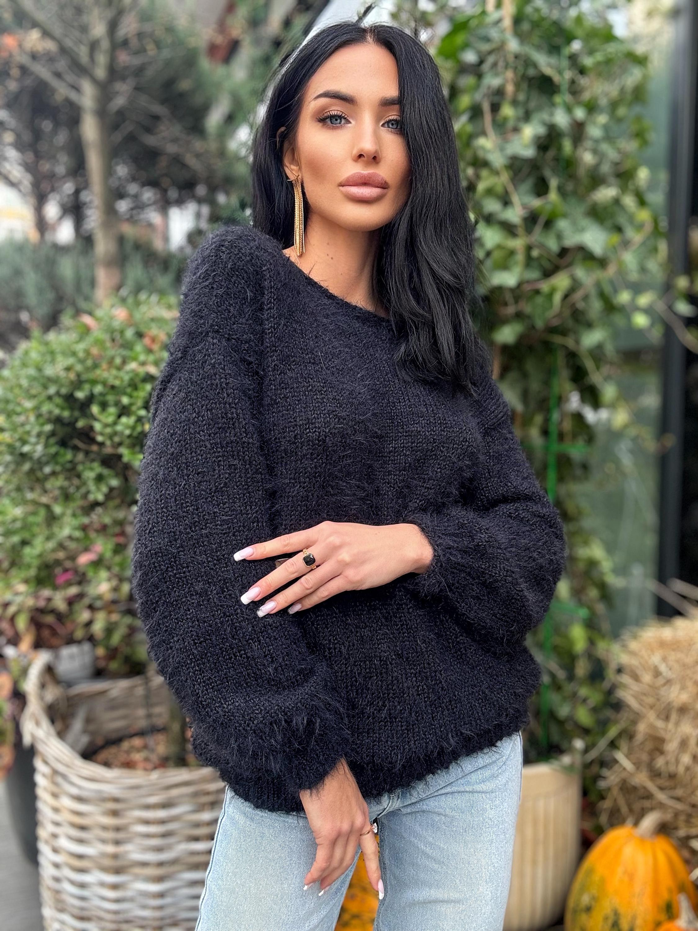 Soft hand knit merino wool black V collar sweater dress For sensitive skin pullover Fluffy body friendly Open back Deep V-neckline Loose fit