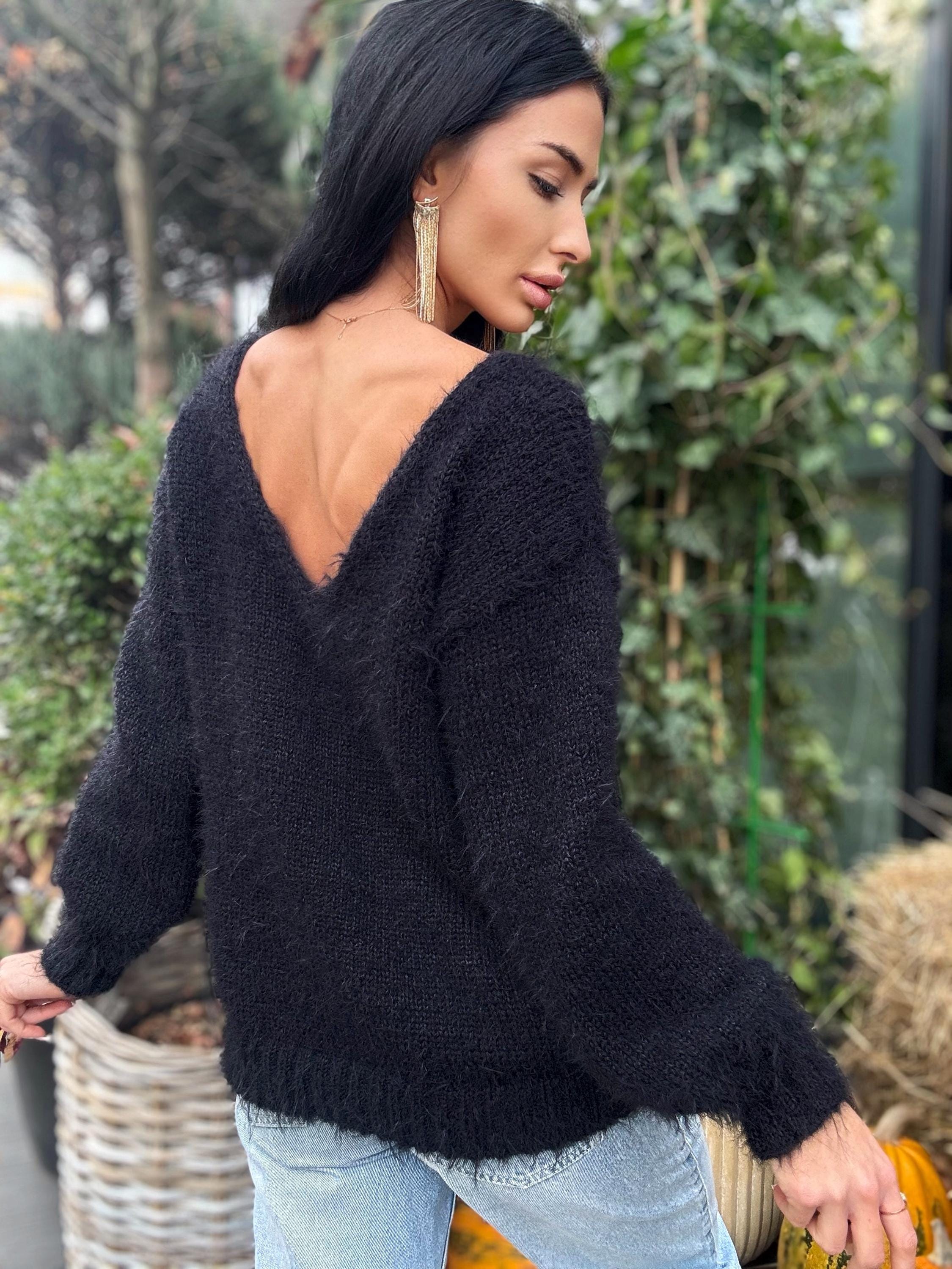 Soft hand knit merino wool black V collar sweater dress For sensitive skin pullover Fluffy body friendly Open back Deep V-neckline Loose fit