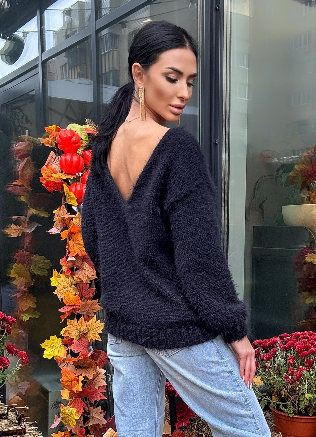 Soft hand knit merino wool black V collar sweater dress For sensitive skin pullover Fluffy body friendly Open back Deep V-neckline Loose fit