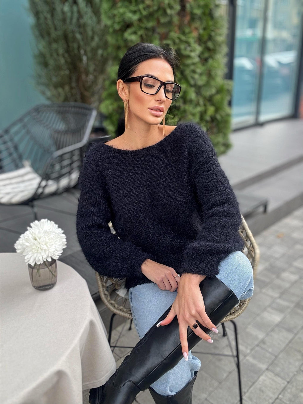 Soft hand knit merino wool black V collar sweater dress For sensitive skin pullover Fluffy body friendly Open back Deep V-neckline Loose fit