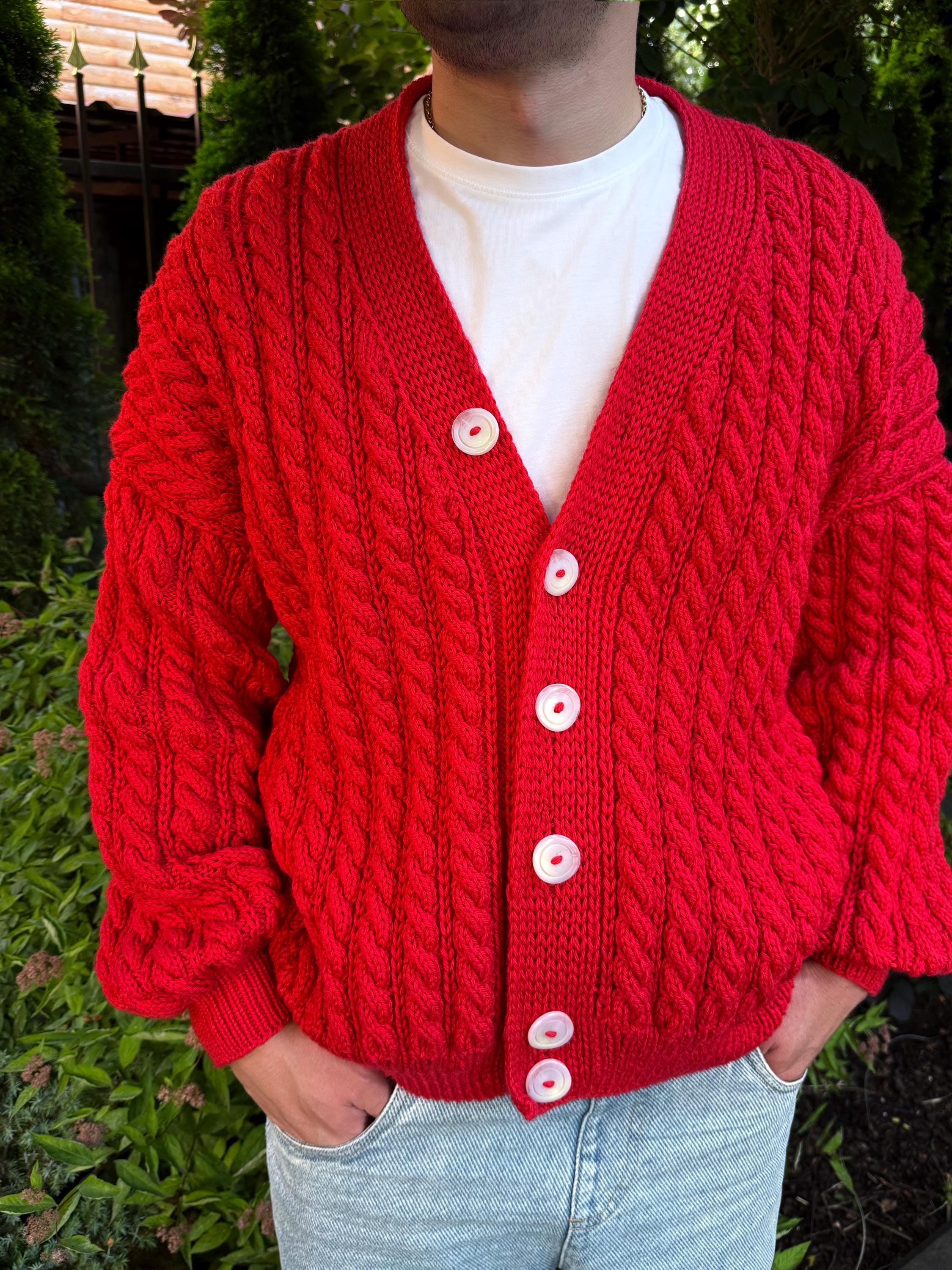 Unisex cable knit braid Red merino wool cardigan on buttons Hand knit oversize fall sweater Chunky knit cardigan knitted jacket puff sleeves