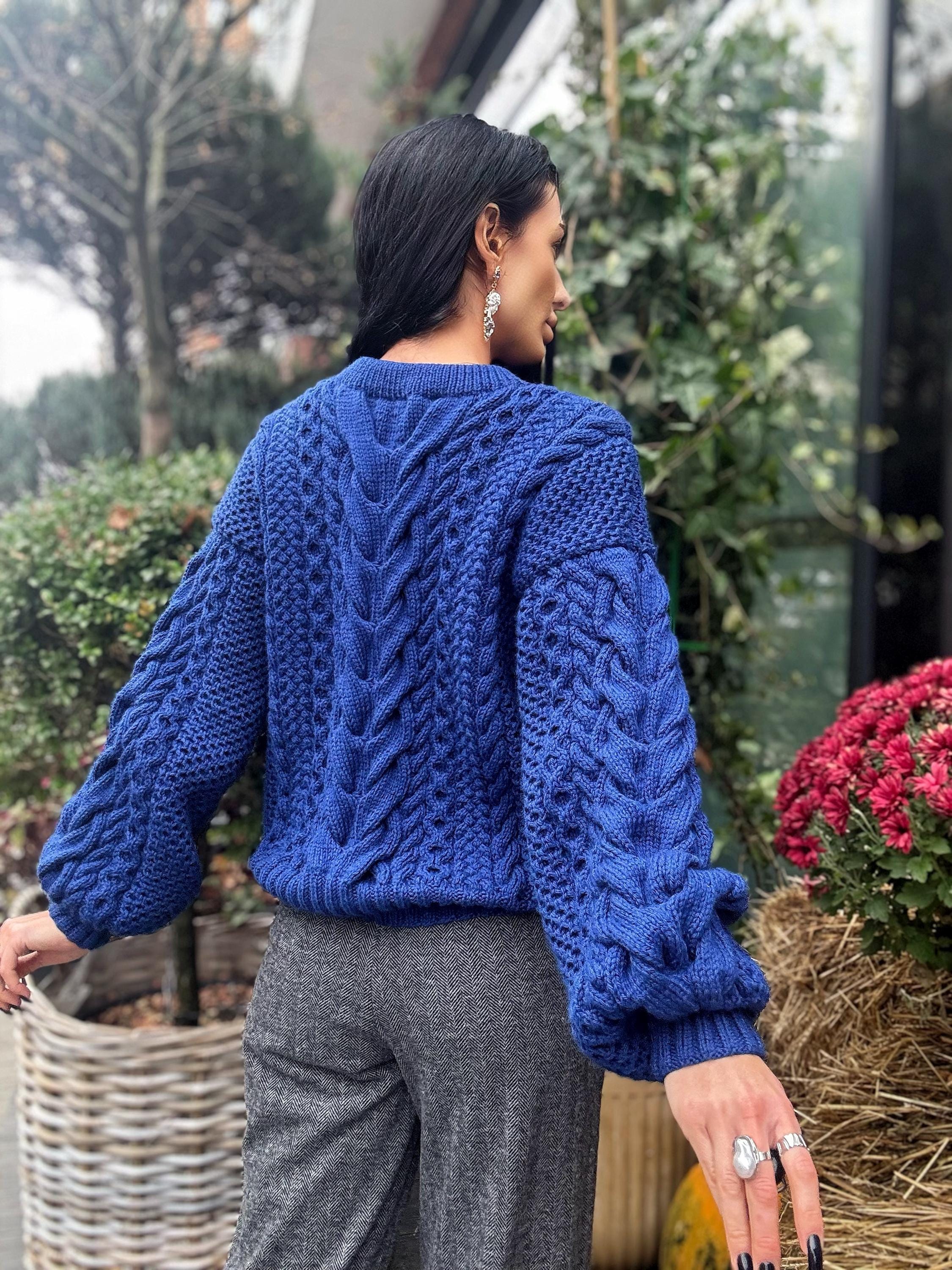 Navy blue Aran hand knit soft wool sweater for women Hand knit dark blue jumper Cable knitting Loose knit pullover Chunky knit braids sweate