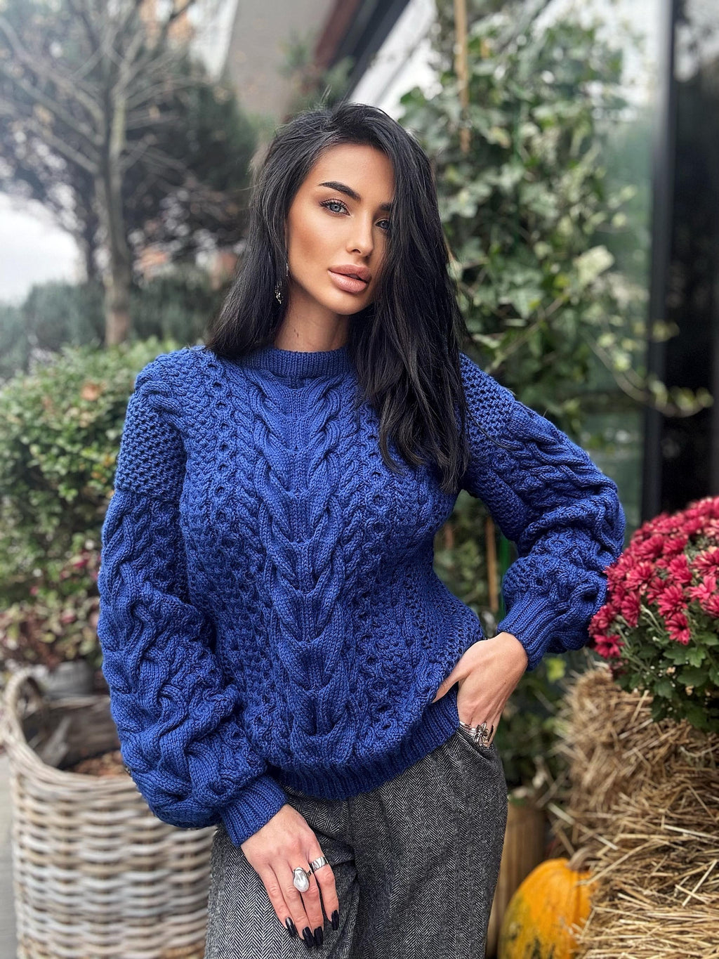 Navy blue Aran hand knit soft wool sweater for women Hand knit dark blue jumper Cable knitting Loose knit pullover Chunky knit braids sweate