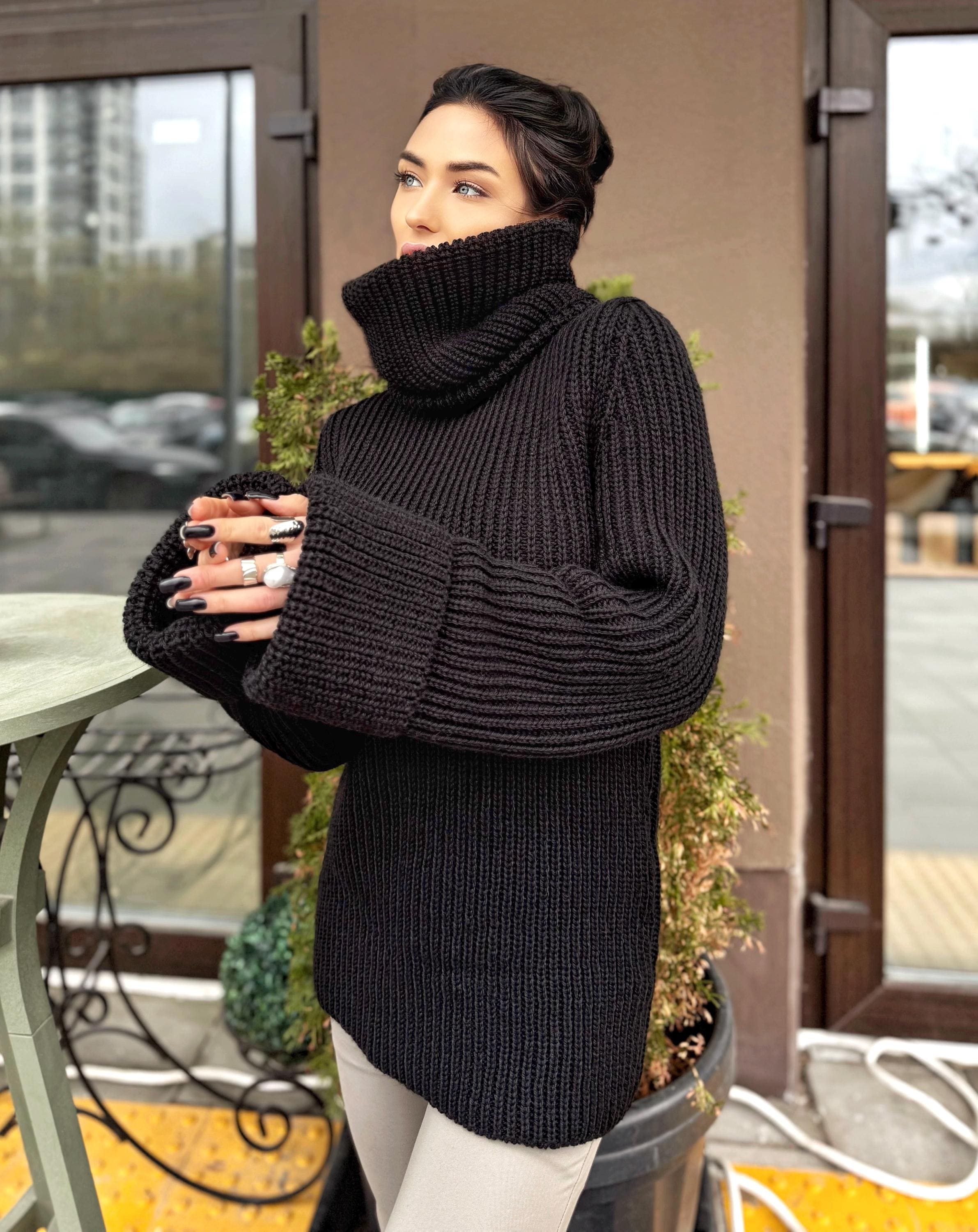 Big merino wool black turtleneck sweater Big collar long hand knit merino wool sweater dress Cable knit big pullover Chunky knit high collar