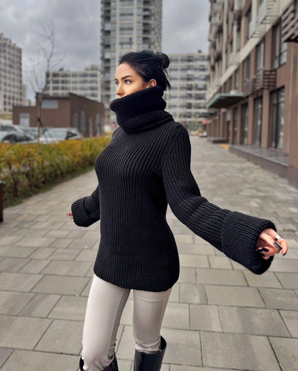 Large merino wool black turtleneck sweater dress Large high collar hand knit merino wool sweater Cable knit big pullover Chunky knit