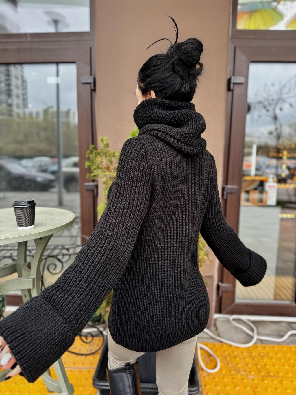 Large merino wool black turtleneck sweater dress Large high collar hand knit merino wool sweater Cable knit big pullover Chunky knit