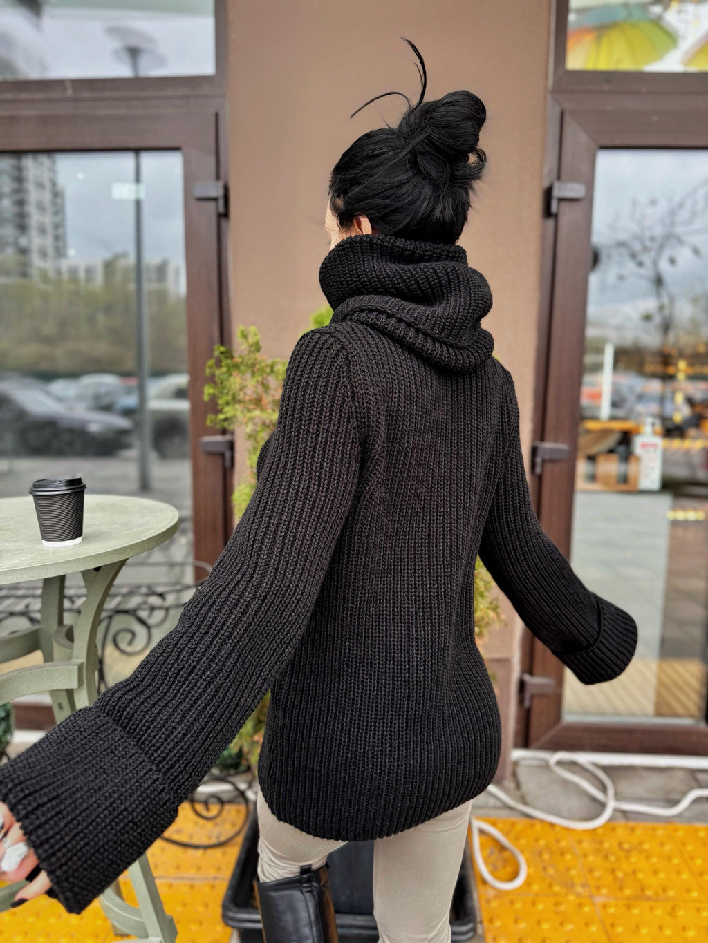 Big merino wool black turtleneck sweater Big collar long hand knit merino wool sweater dress Cable knit big pullover Chunky knit high collar