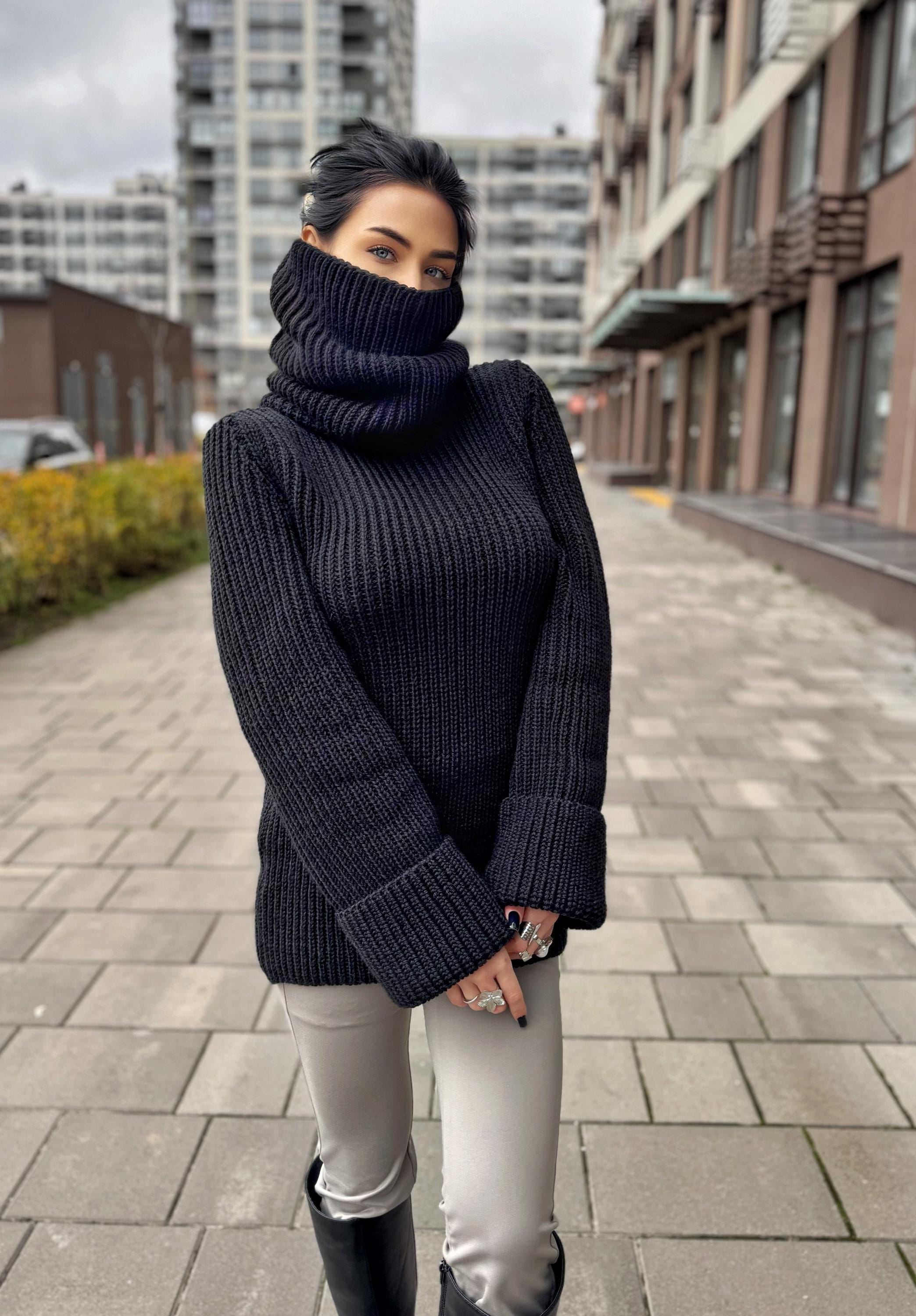 Large merino wool black turtleneck sweater dress Large high collar hand knit merino wool sweater Cable knit big pullover Chunky knit