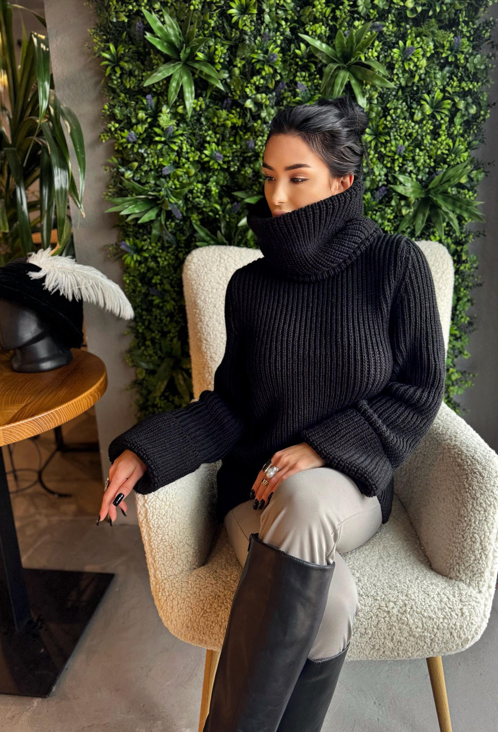 Big merino wool black turtleneck sweater Big collar long hand knit merino wool sweater dress Cable knit big pullover Chunky knit high collar