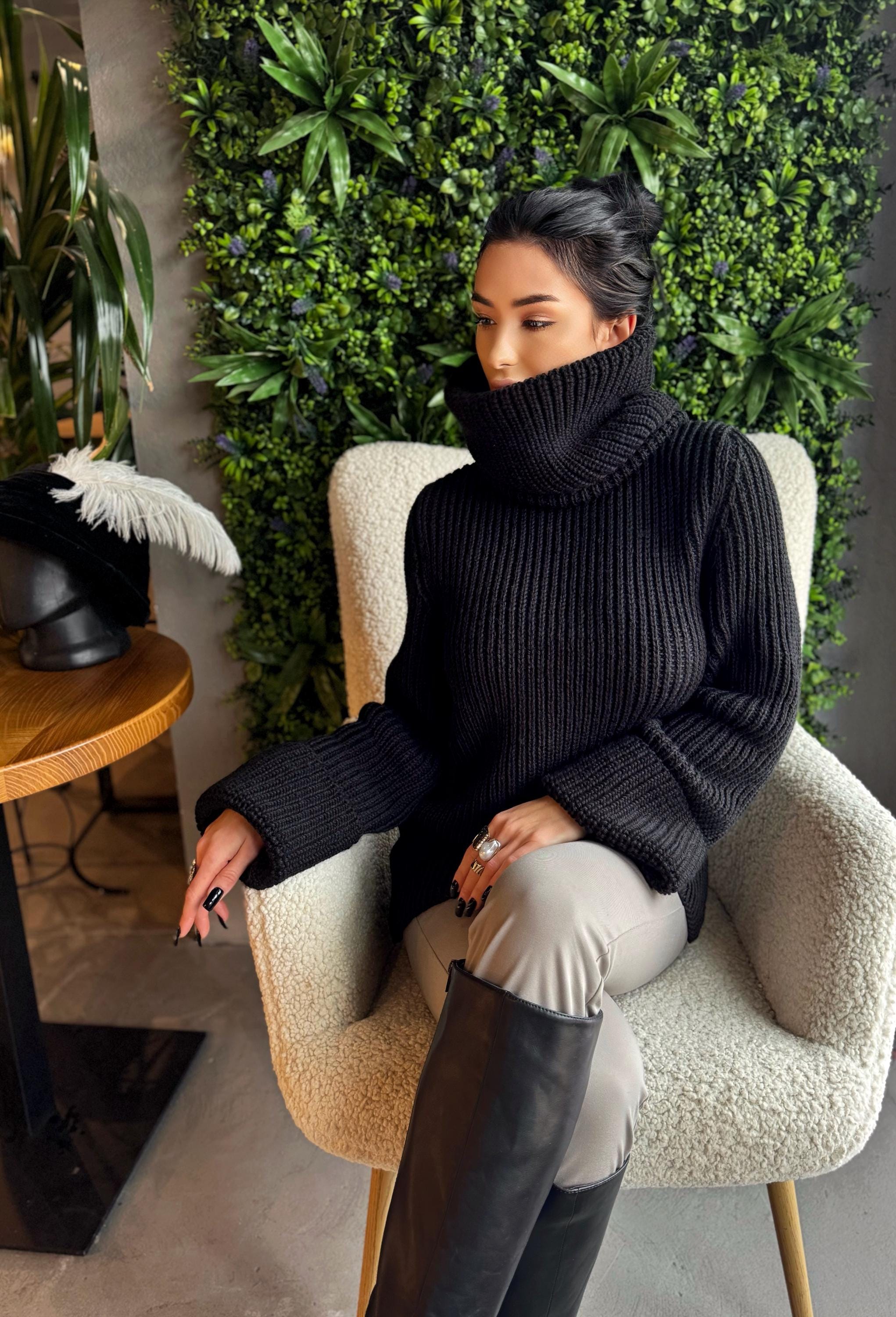Large merino wool black turtleneck sweater dress Large high collar hand knit merino wool sweater Cable knit big pullover Chunky knit