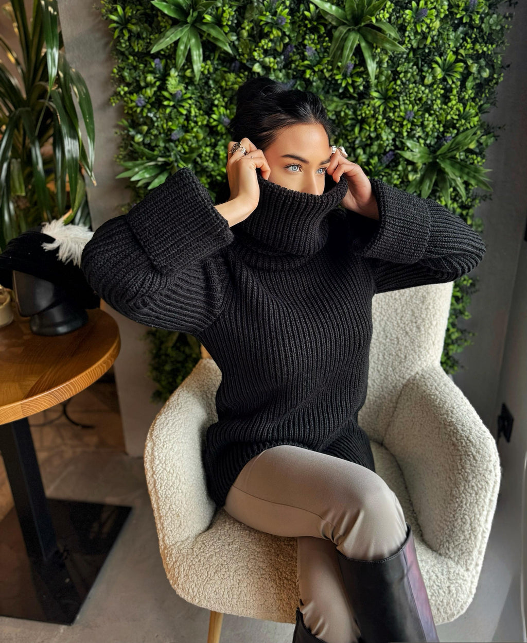 Large merino wool black turtleneck sweater dress Large high collar hand knit merino wool sweater Cable knit big pullover Chunky knit