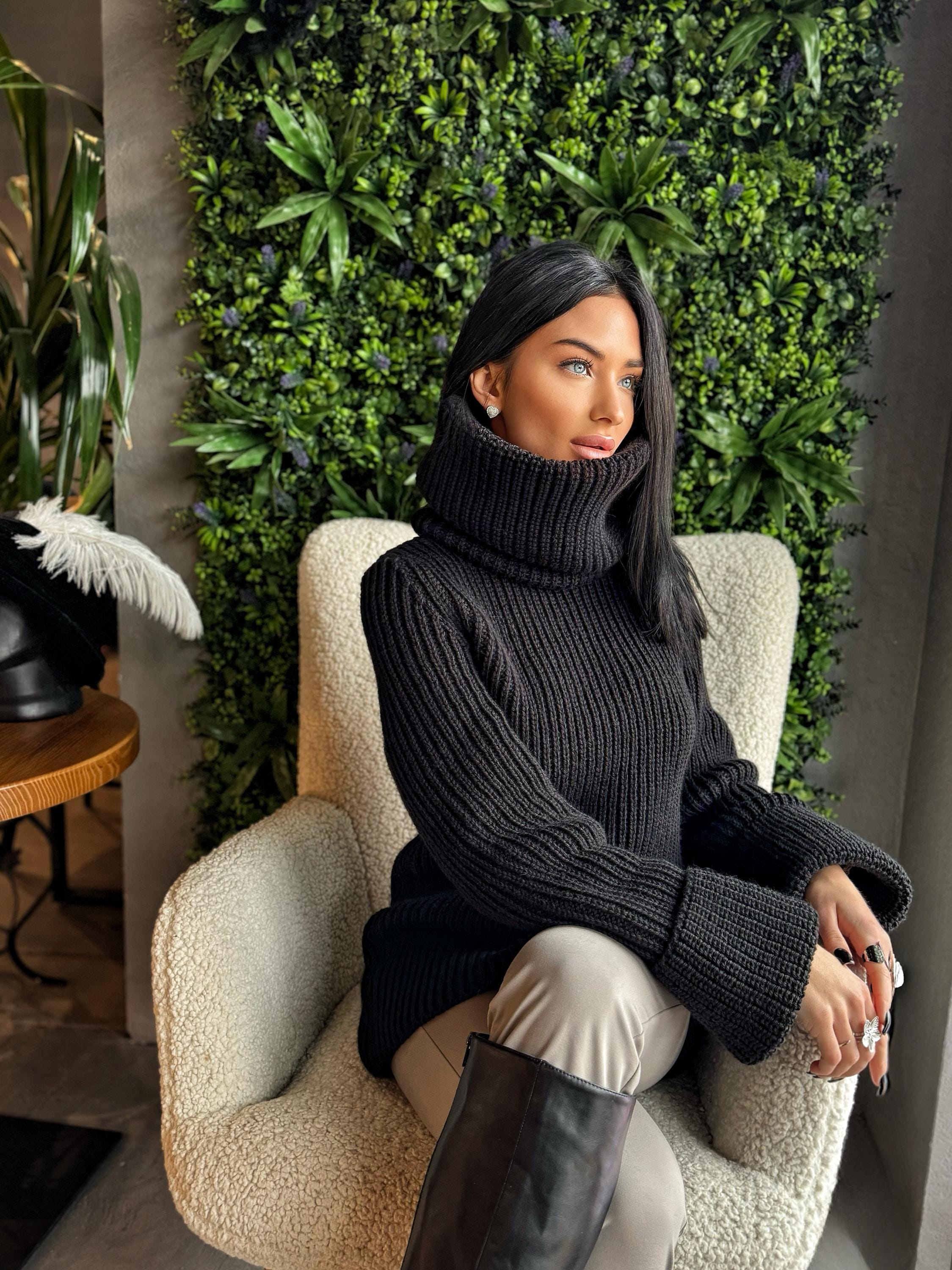 Large merino wool black turtleneck sweater dress Large high collar hand knit merino wool sweater Cable knit big pullover Chunky knit