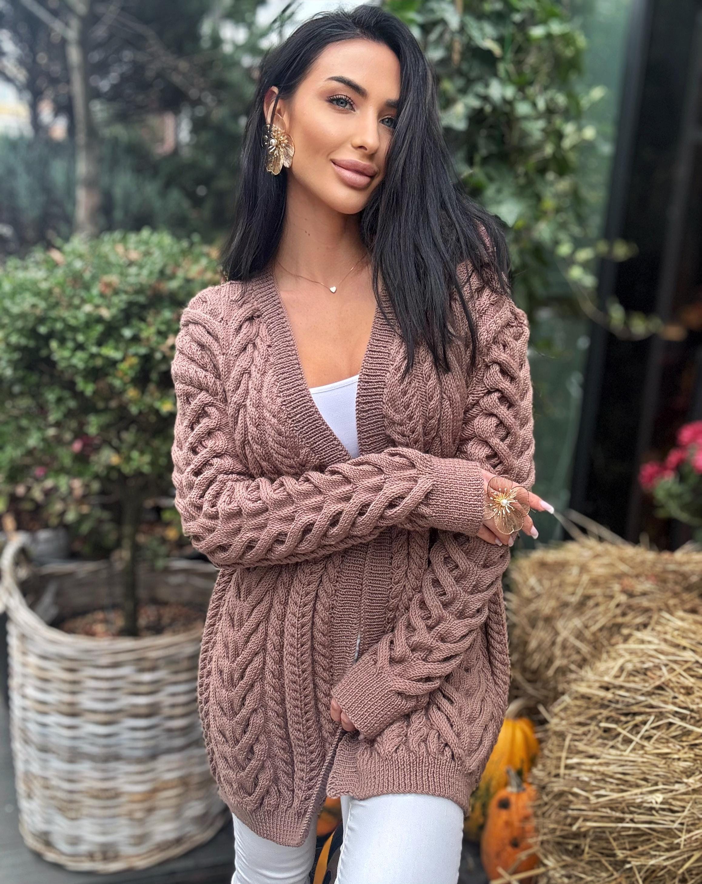Aran wool pastel brown handknit сardigan women Chunky knit beige