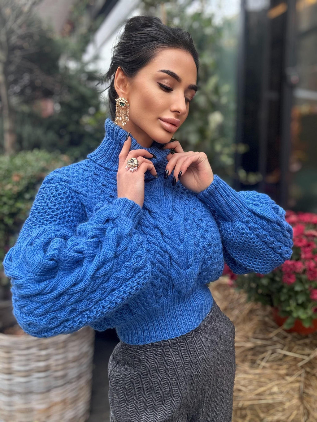 Blue сropped merino wool sweater Chunky cable knit turtleneck Aran Braided oversized high collar pullover Hand knit crop jumper