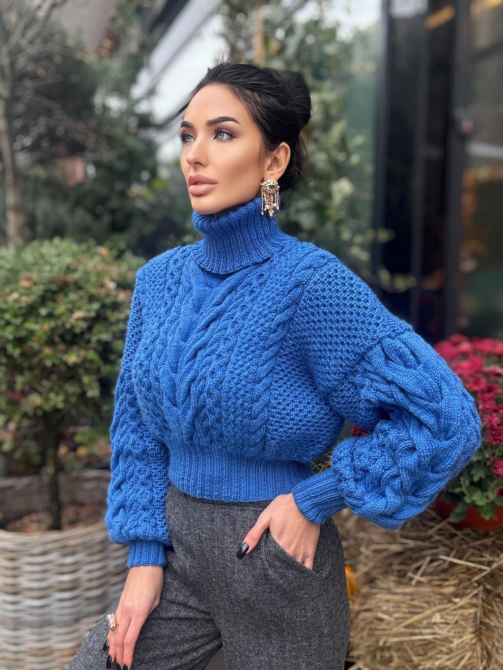 Hand knit aran wool blue cropped sweater Chunky Knit Turtleneck Oversized Pullover Women's Cable knit Jumper merino high collar sweater