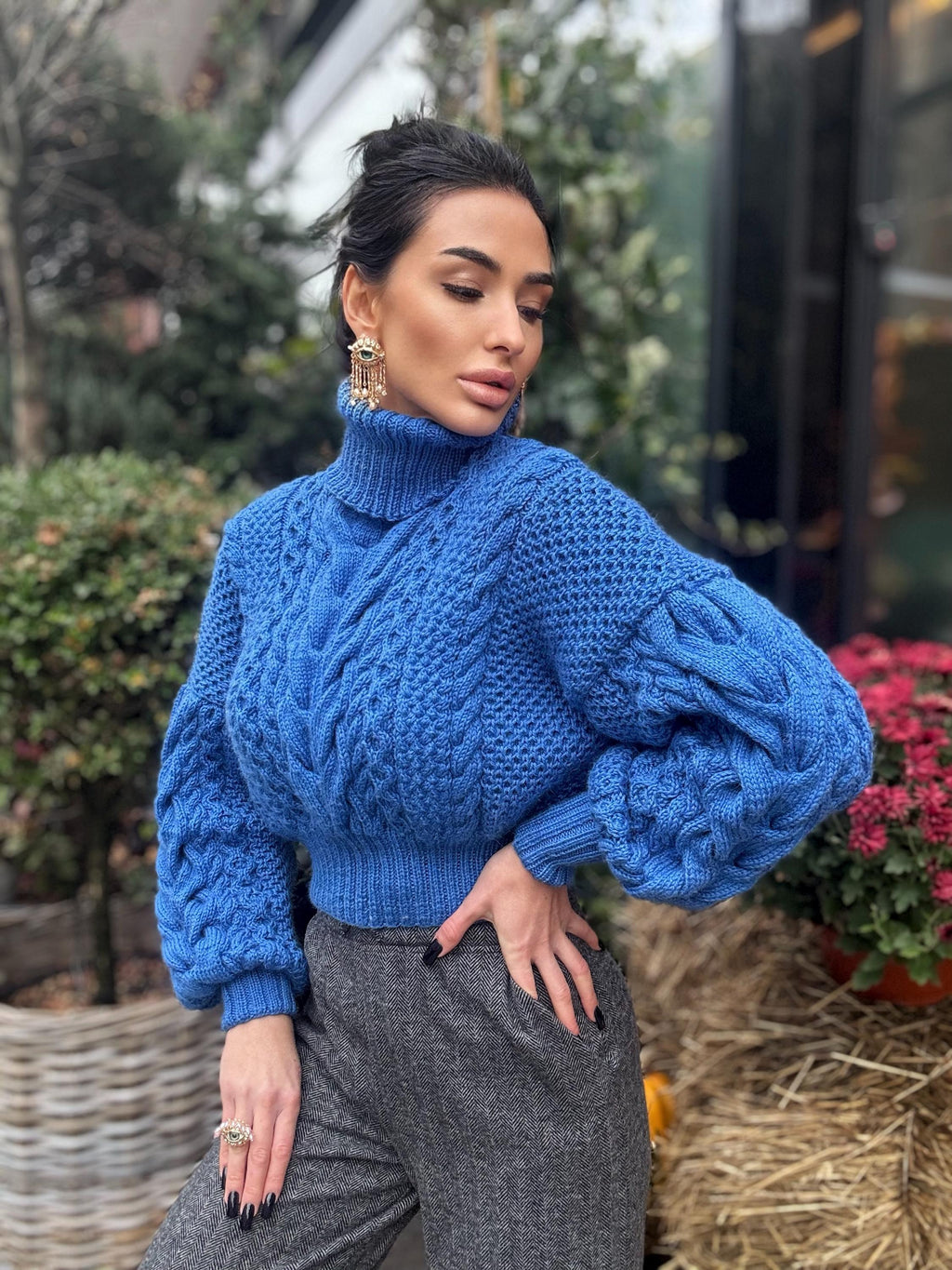 Cropped knit aran wool blue sweater turtleneck Chunky Knit Oversized Pullover Women's Cable knit Jumper merino high collar sweater
