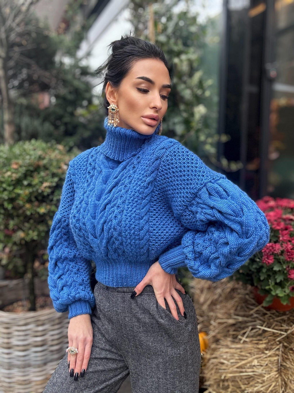 Blue сropped merino wool sweater Chunky cable knit turtleneck Aran Braided oversized high collar pullover Hand knit crop jumper