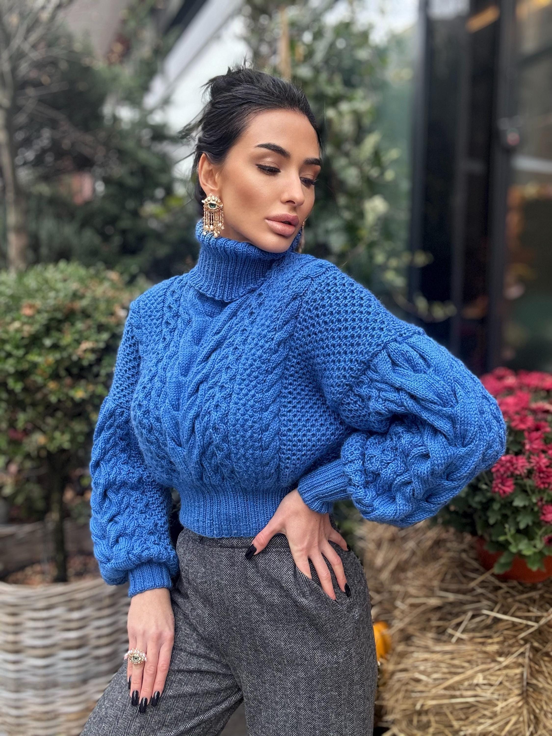 Blue сropped merino wool sweater Chunky cable knit turtleneck Aran Braided oversized high collar pullover Hand knit crop jumper