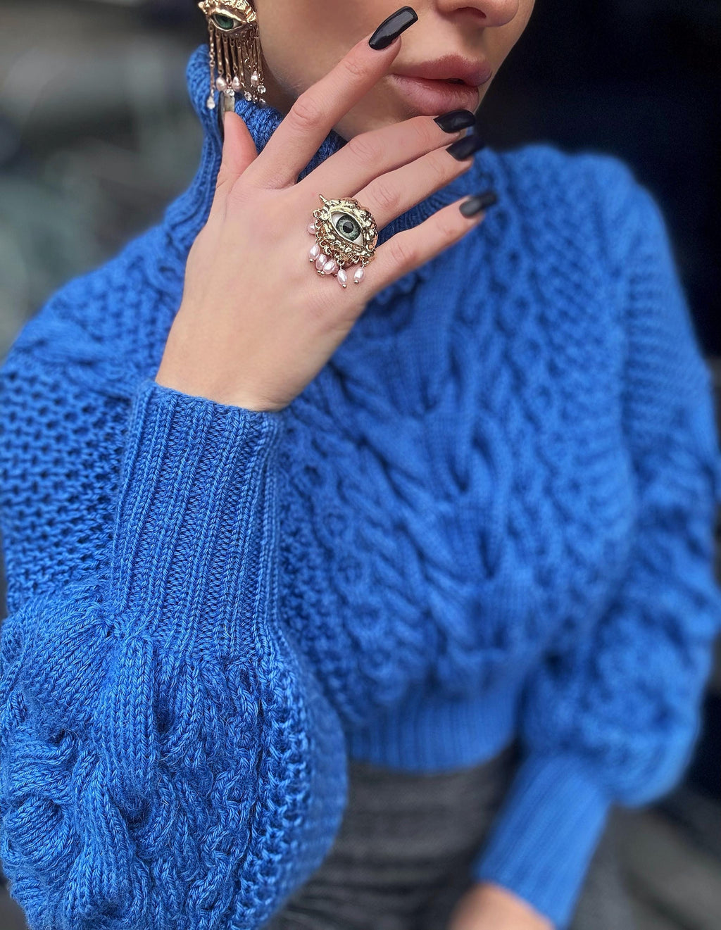 Hand knit aran wool blue cropped sweater Chunky Knit Turtleneck Oversized Pullover Women's Cable knit Jumper merino high collar sweater