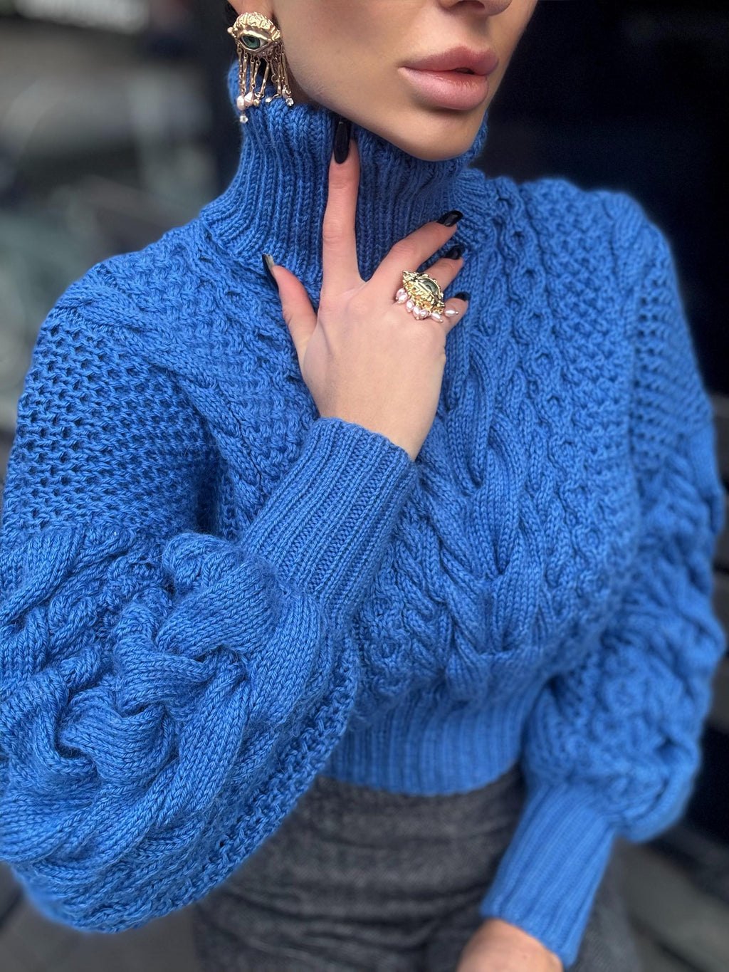 Hand knit aran wool blue cropped sweater Chunky Knit Turtleneck Oversized Pullover Women's Cable knit Jumper merino high collar sweater