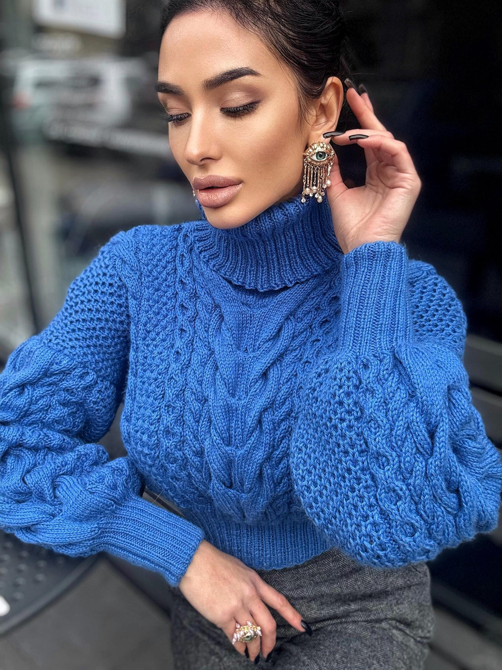 Blue сropped merino wool sweater Chunky cable knit turtleneck Aran Braided oversized high collar pullover Hand knit crop jumper