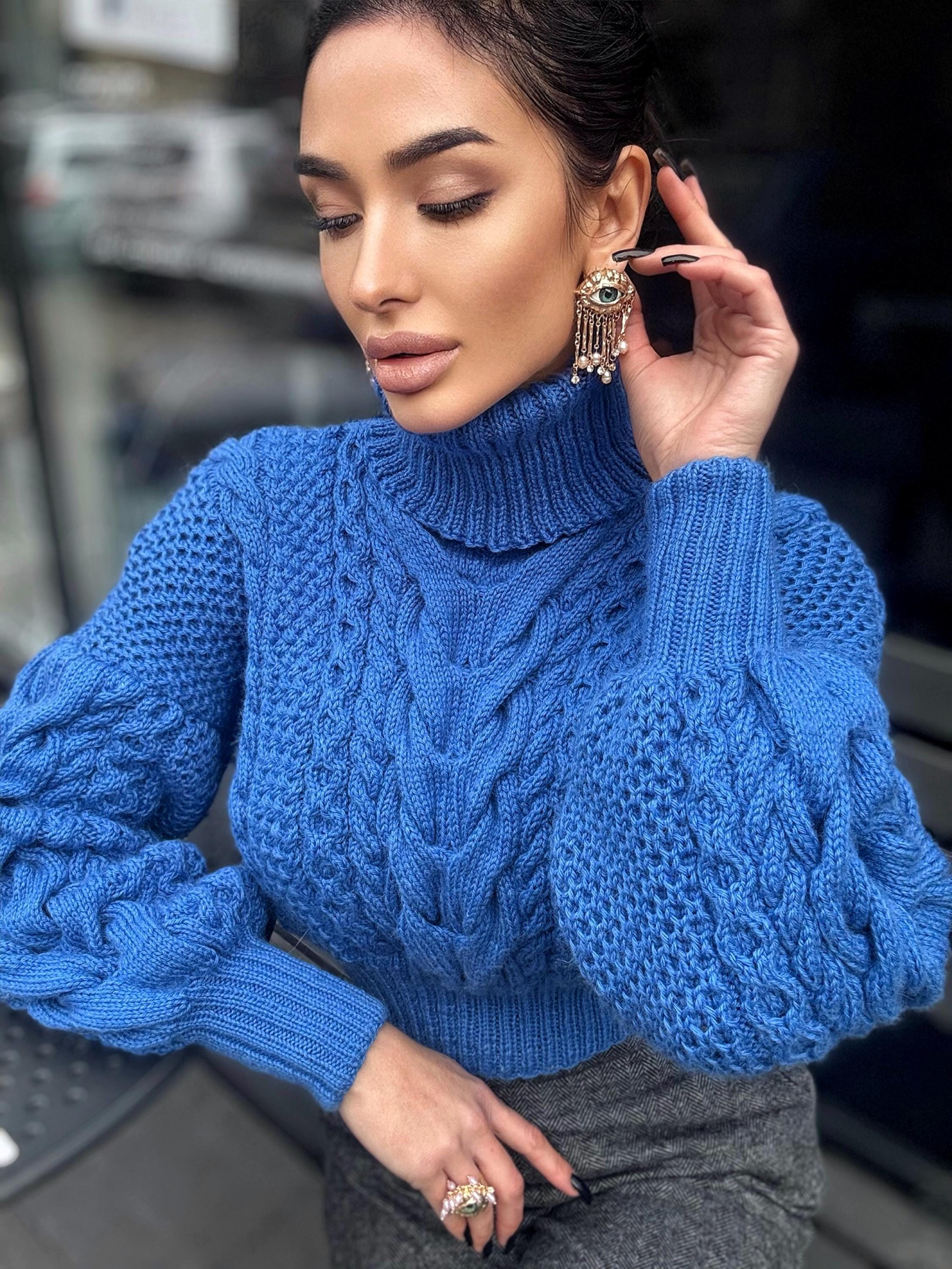 Blue сropped merino wool sweater Chunky cable knit turtleneck Aran Braided oversized high collar pullover Hand knit crop jumper
