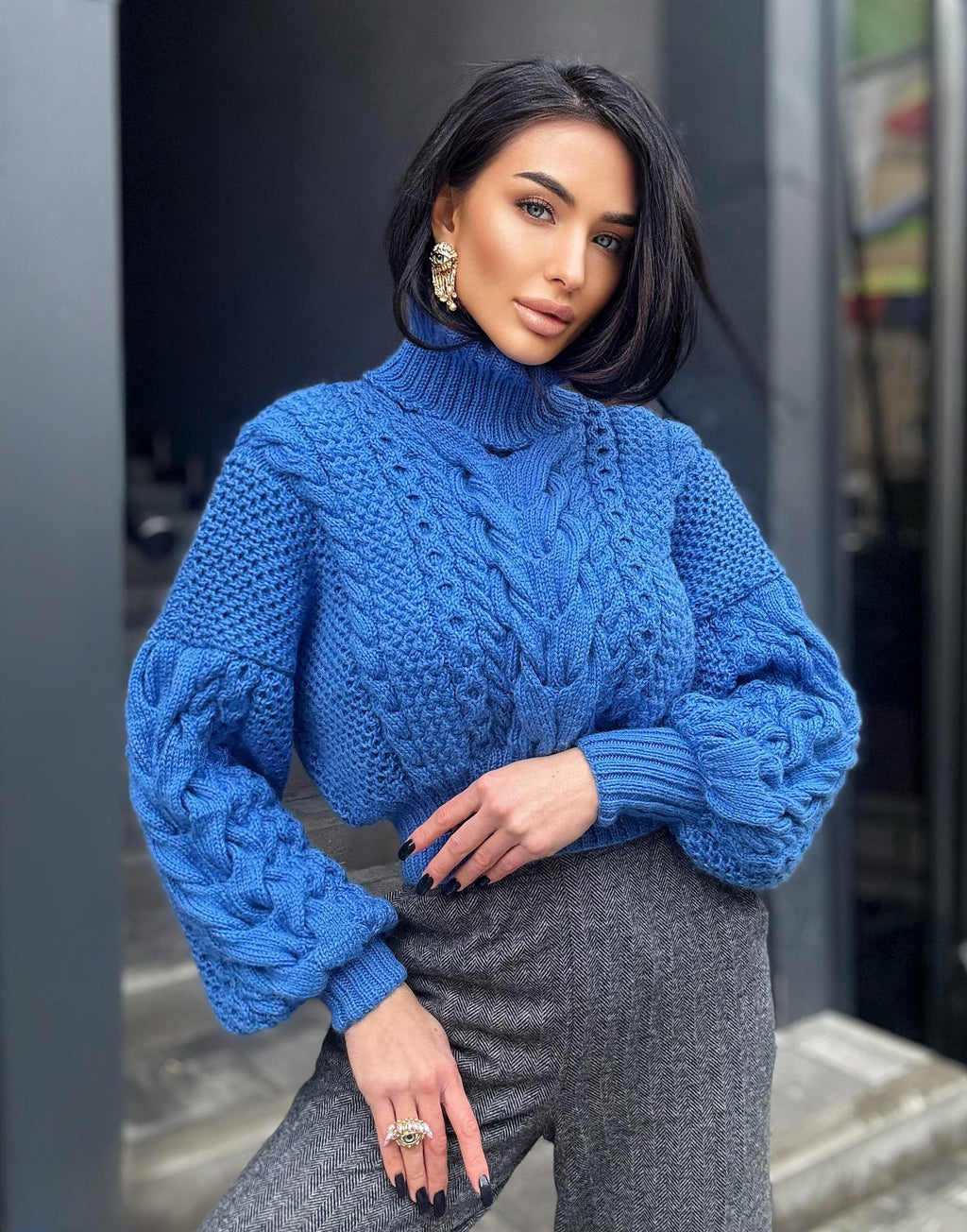 Hand knit aran wool blue cropped sweater Chunky Knit Turtleneck Oversized Pullover Women's Cable knit Jumper merino high collar sweater