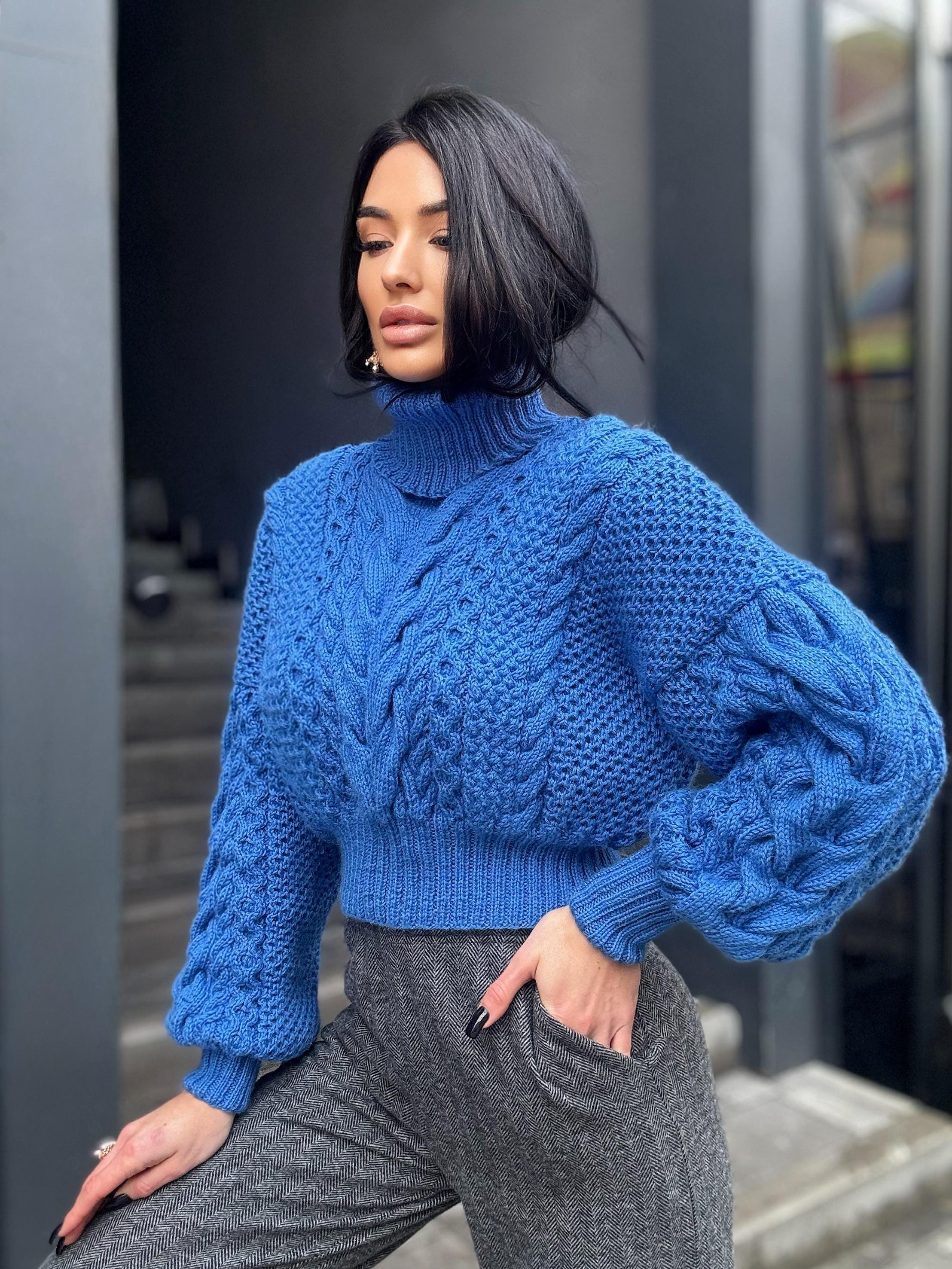Blue сropped merino wool sweater Chunky cable knit turtleneck Aran Braided oversized high collar pullover Hand knit crop jumper