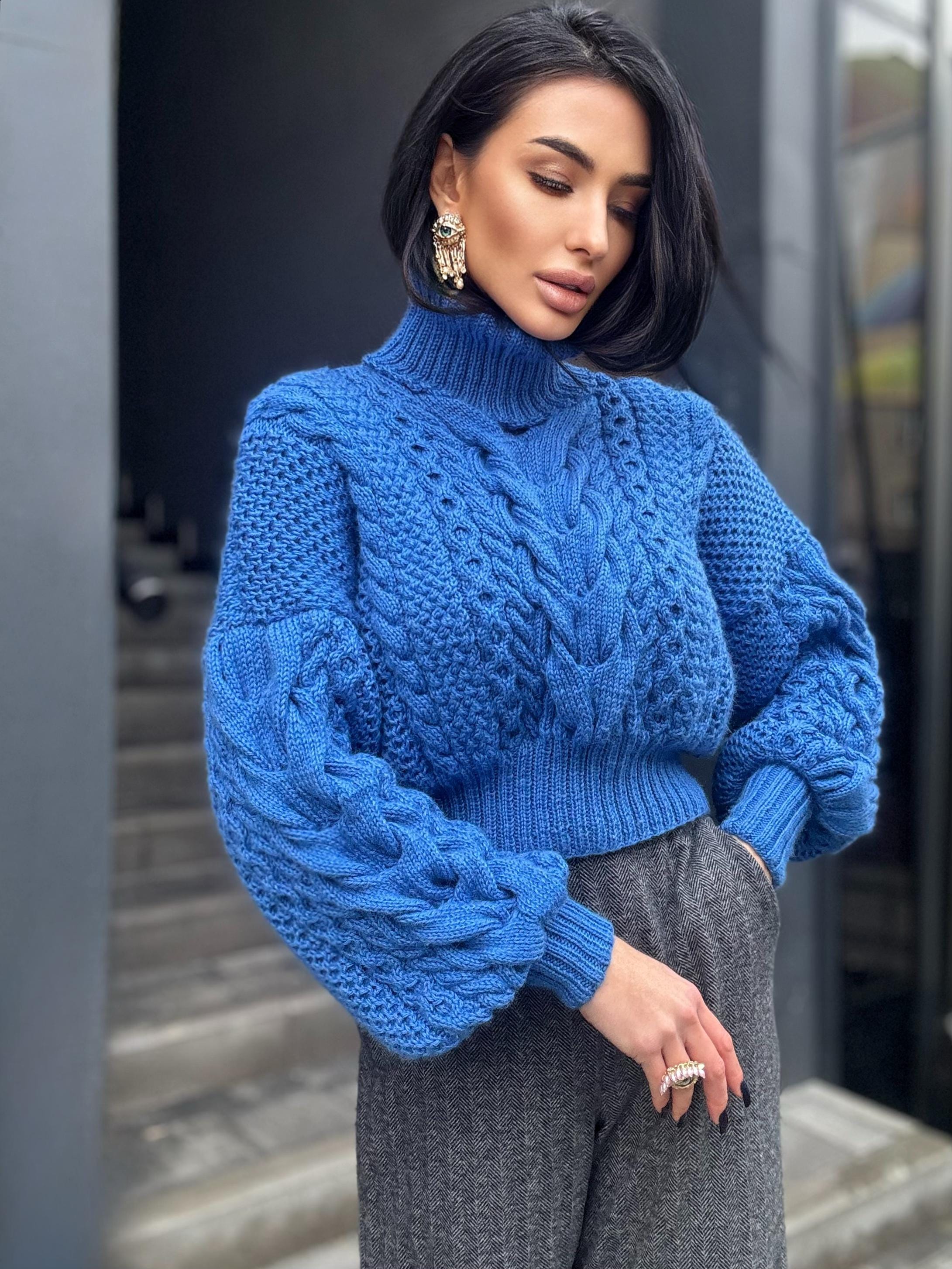 Hand knit aran wool blue cropped sweater Chunky Knit Turtleneck Oversized Pullover Women's Cable knit Jumper merino high collar sweater