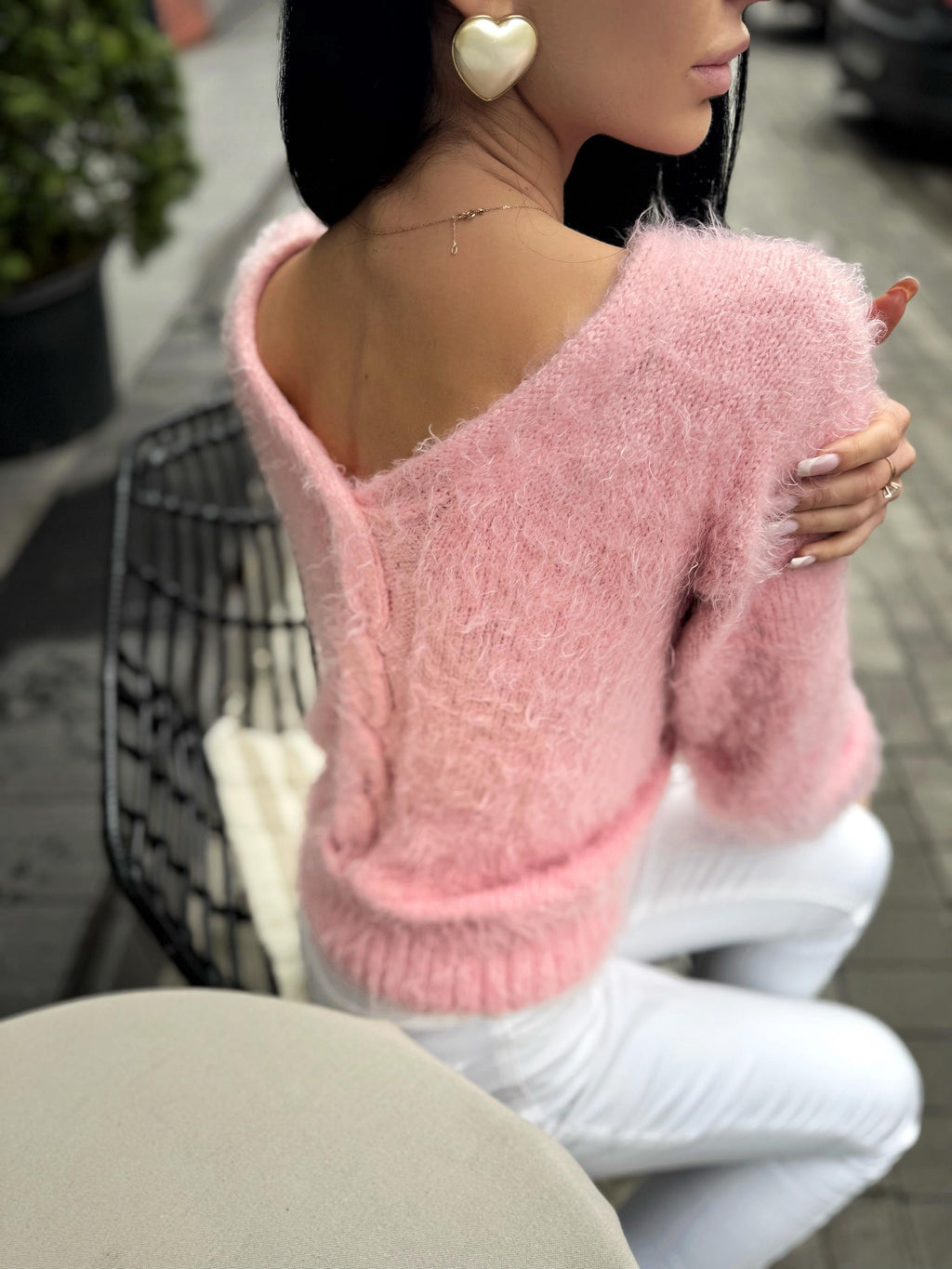 Soft hand knit fluffy Pink Powder wool FREE or merino wool body friendly sweater Open back Deep V-neckline Loose fit oversize pullover