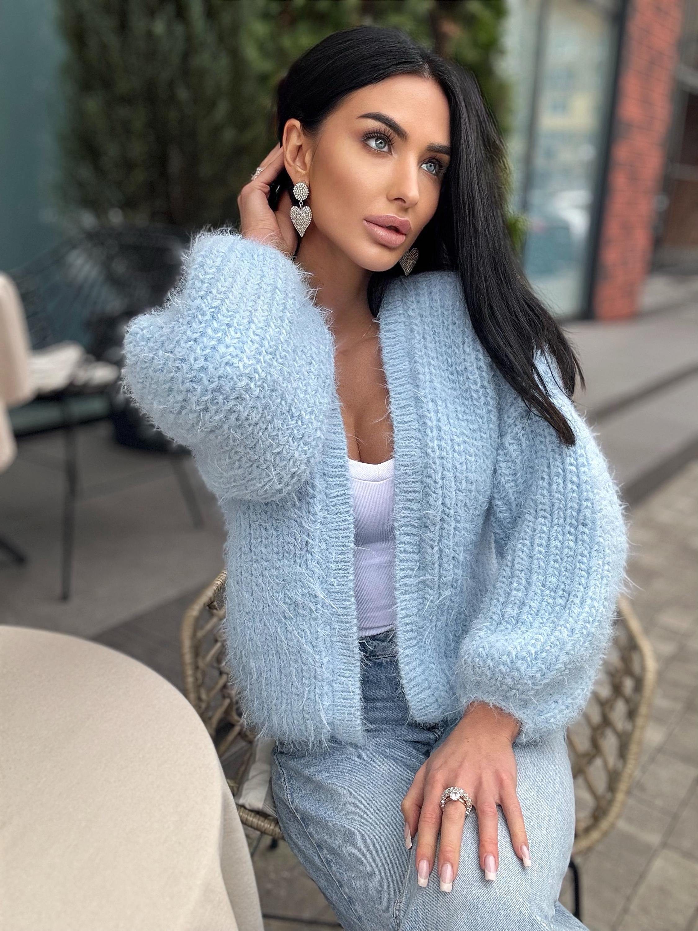 Merino wool pastel light blue crop fluffy cardigan women Wedding cardigan Mohair sweater Hand knitted coat Jacket Bridal shrug bolero
