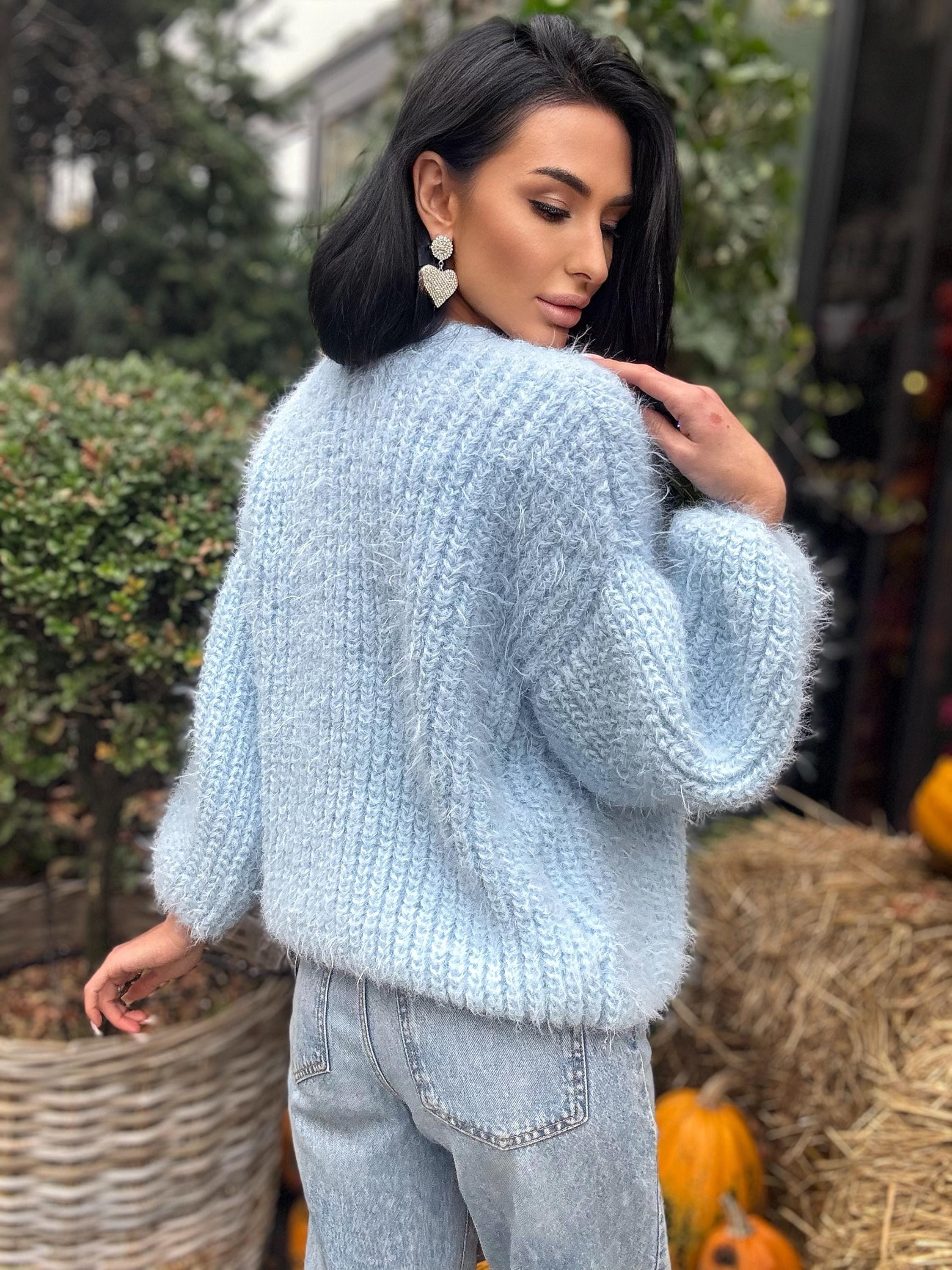 Merino wool pastel light blue crop fluffy cardigan women Wedding cardigan Mohair sweater Hand knitted coat Jacket Bridal shrug bolero
