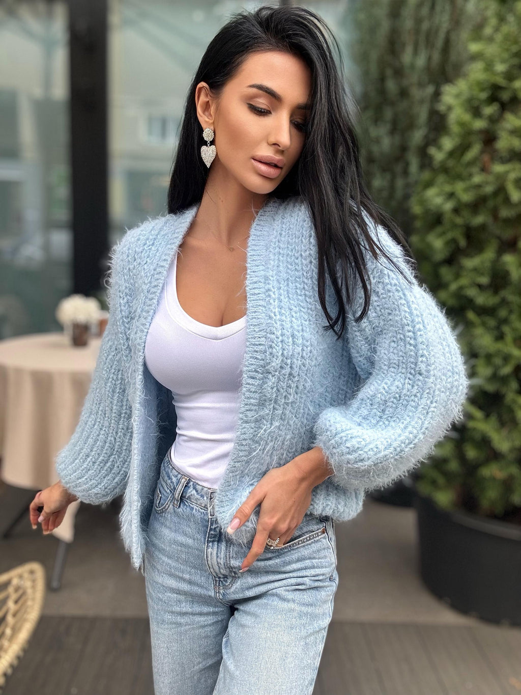 Merino wool pastel light blue crop fluffy cardigan women Wedding cardigan Mohair sweater Hand knitted coat Jacket Bridal shrug bolero