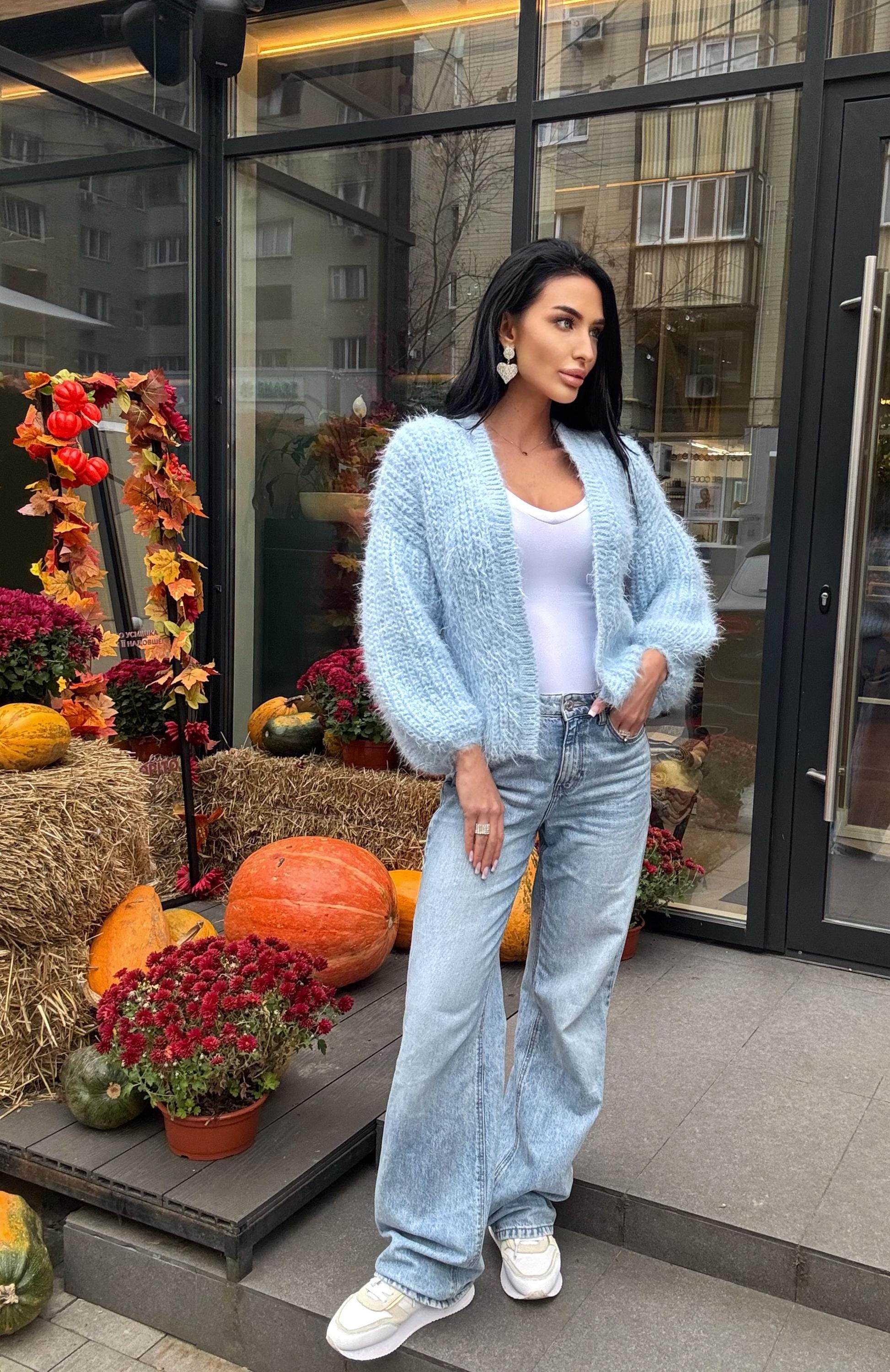 Merino wool pastel light blue crop fluffy cardigan women Wedding cardigan Mohair sweater Hand knitted coat Jacket Bridal shrug bolero