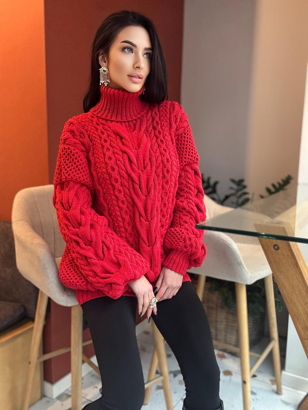 Aran hand knit oversize merino wool big red sweater dress women Cable knit big turtleneck unisex Scandinavian chunky knit sweater