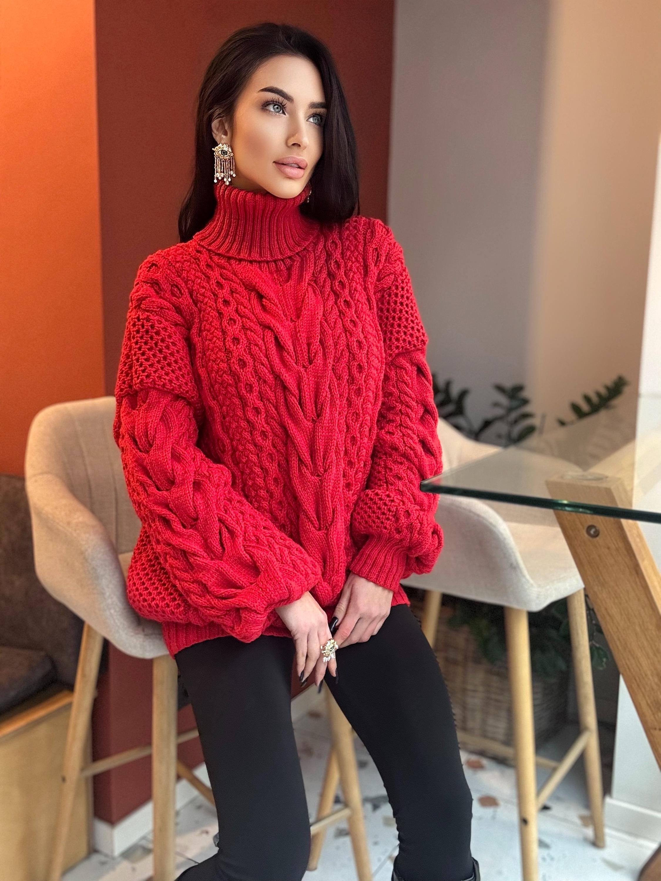 Aran hand knit oversize merino wool big red sweater dress women Cable knit big turtleneck unisex Scandinavian chunky knit sweater