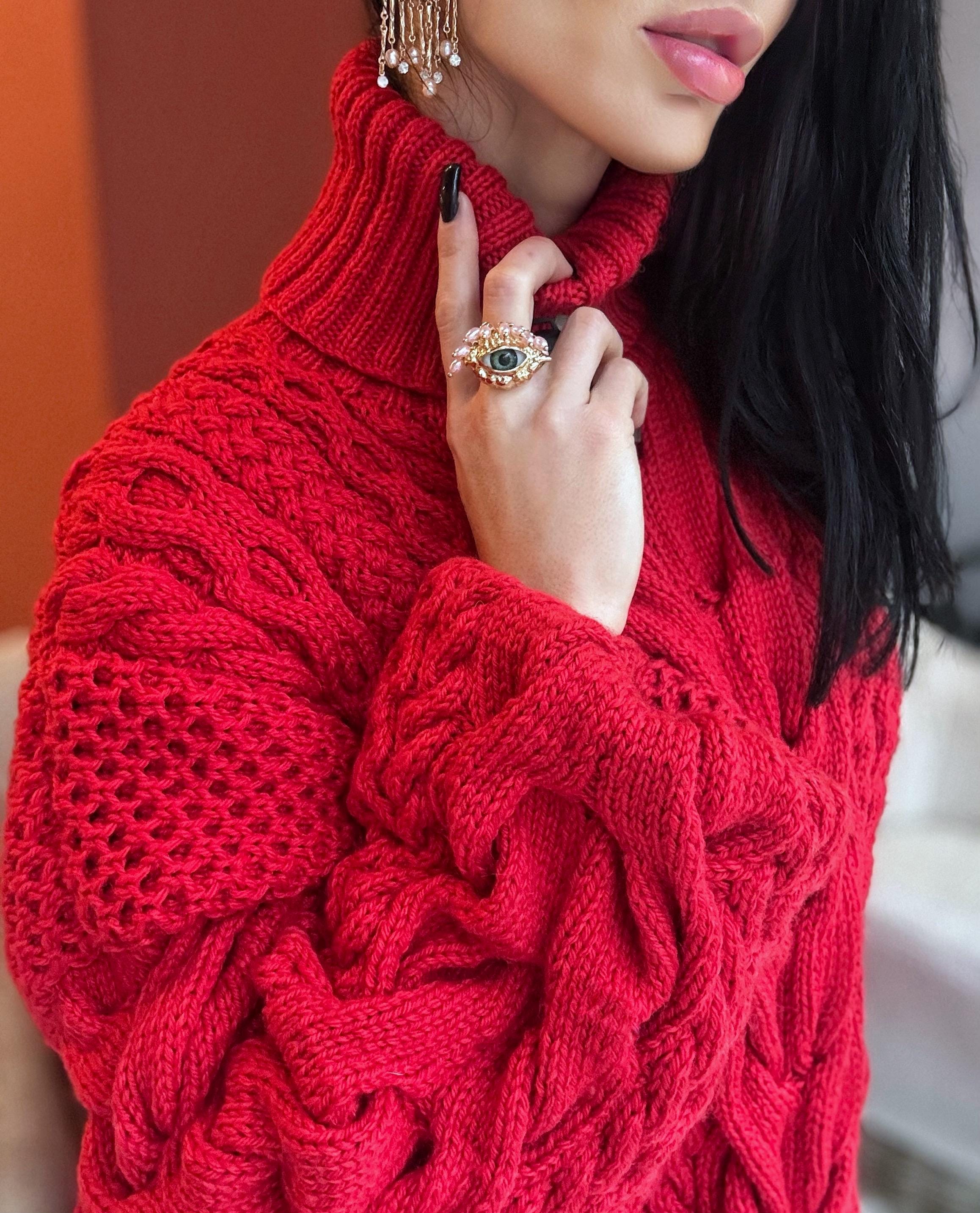 Aran hand knit oversize merino wool big red sweater dress women Cable knit big turtleneck unisex Scandinavian chunky knit sweater