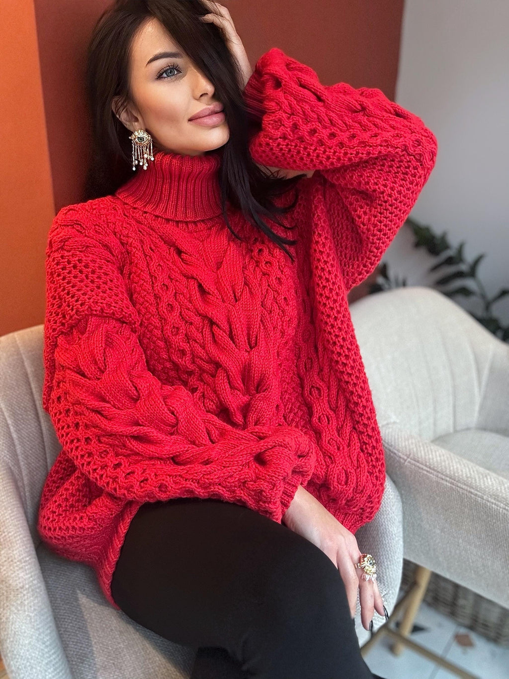 Aran hand knit oversize merino wool big red sweater dress women Cable knit big turtleneck unisex Scandinavian chunky knit sweater