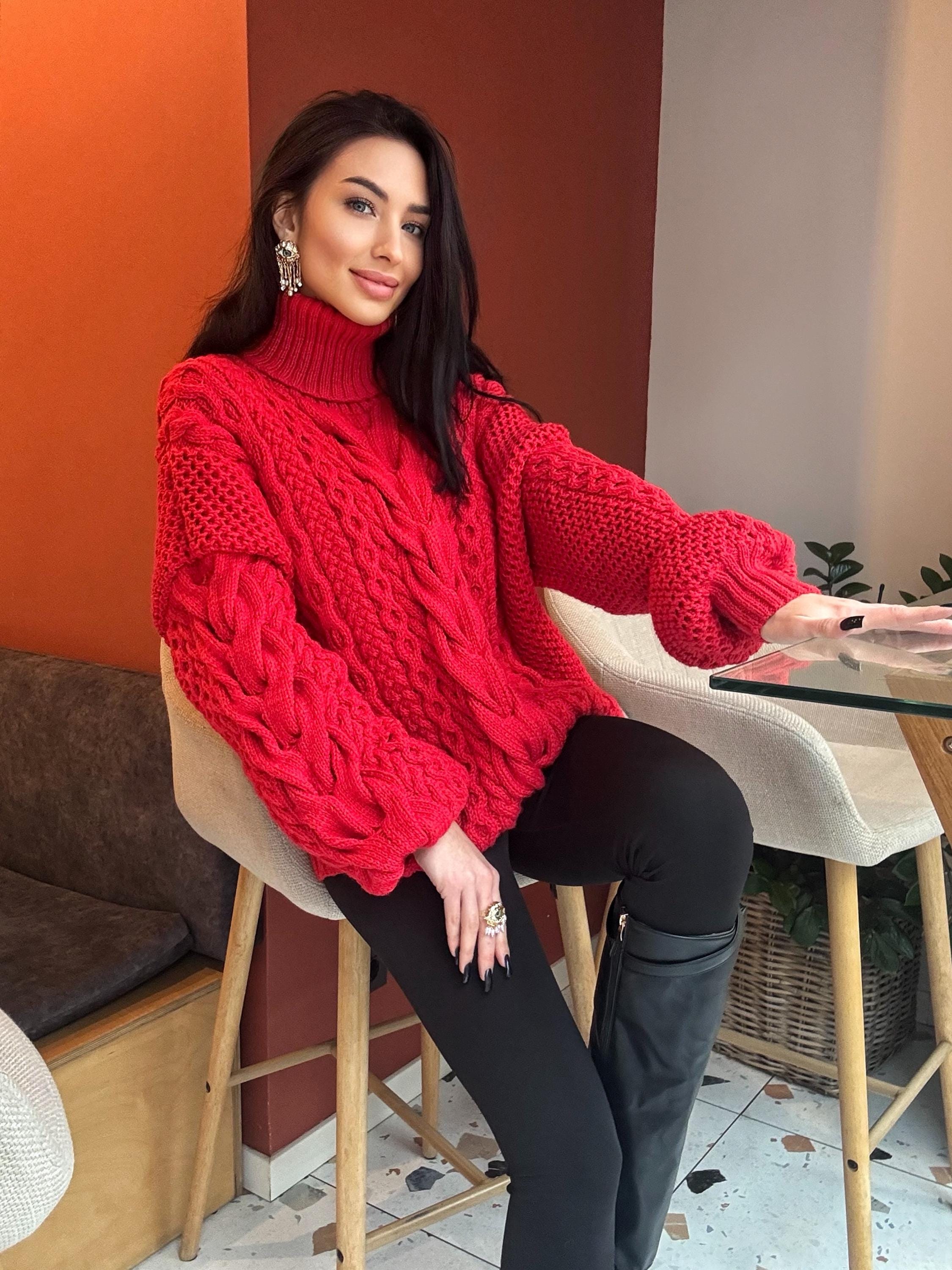 Aran hand knit oversize merino wool big red sweater dress women Cable knit big turtleneck unisex Scandinavian chunky knit sweater